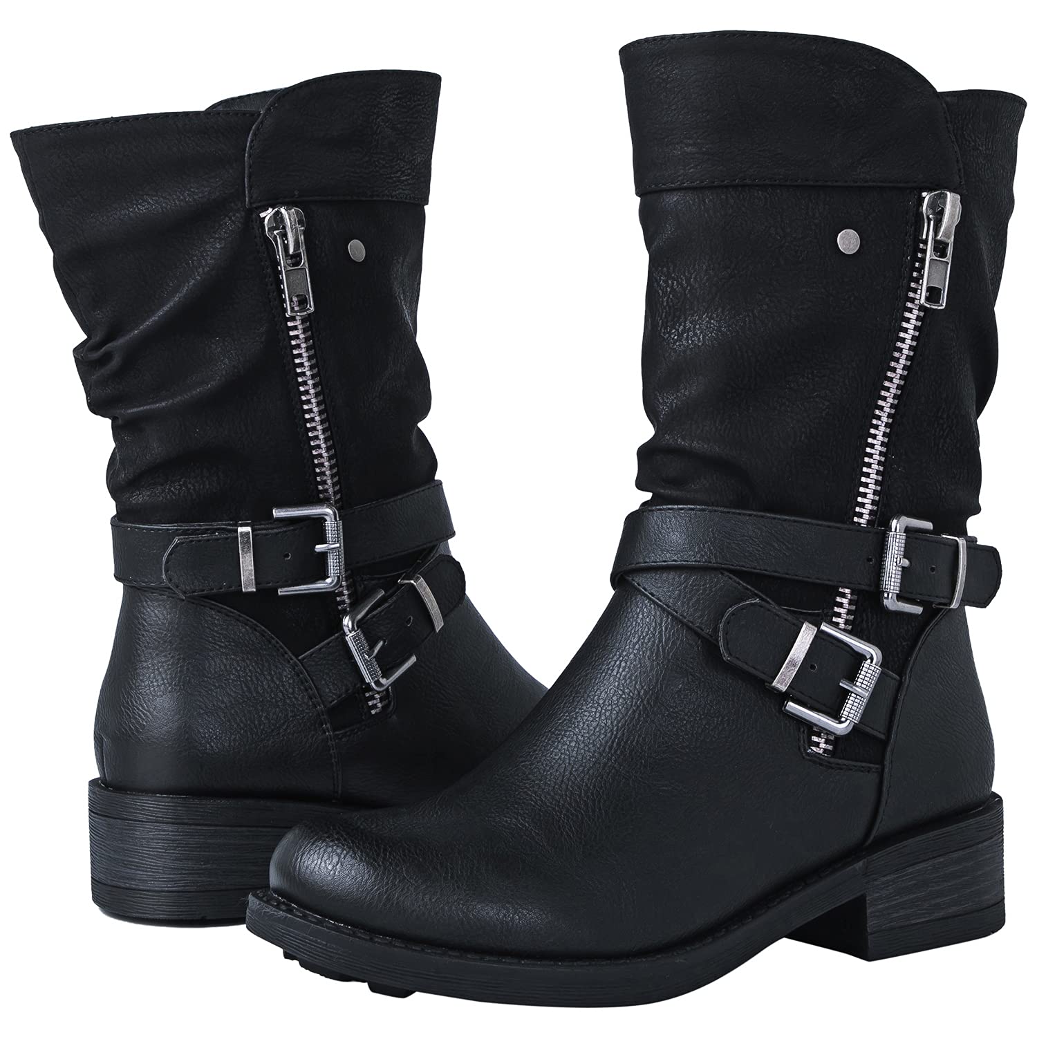 GLOBALWINWomen's Fall Fashion Biker Boots Mid Calf Boots For Women Low Heel