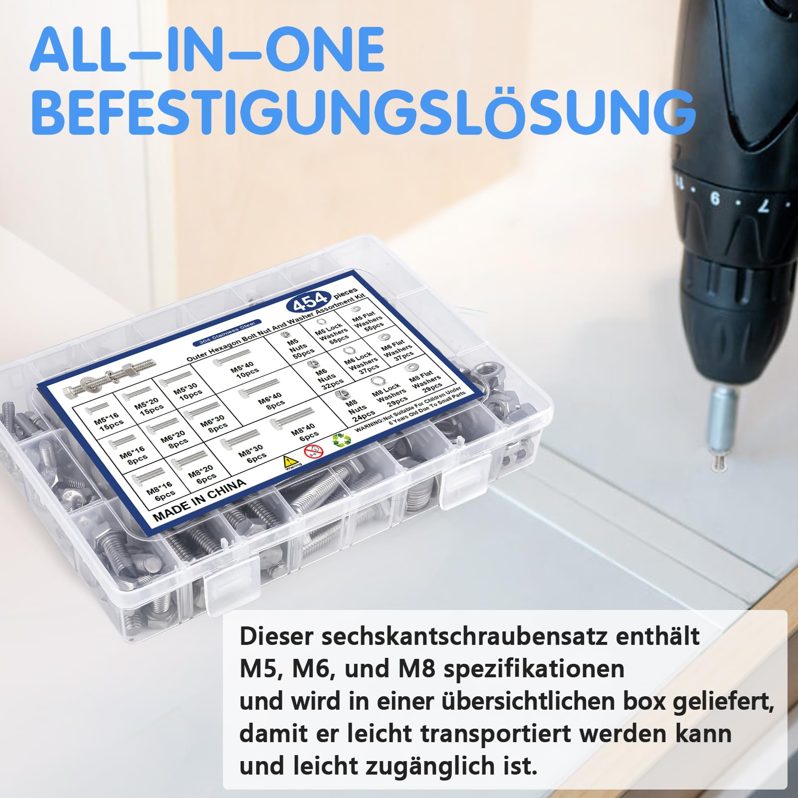 M5 M6 M8 Sechskantschrauben Set 454 Teile - Edelstahl A2 Mit Muttern & Unterlegscheiben