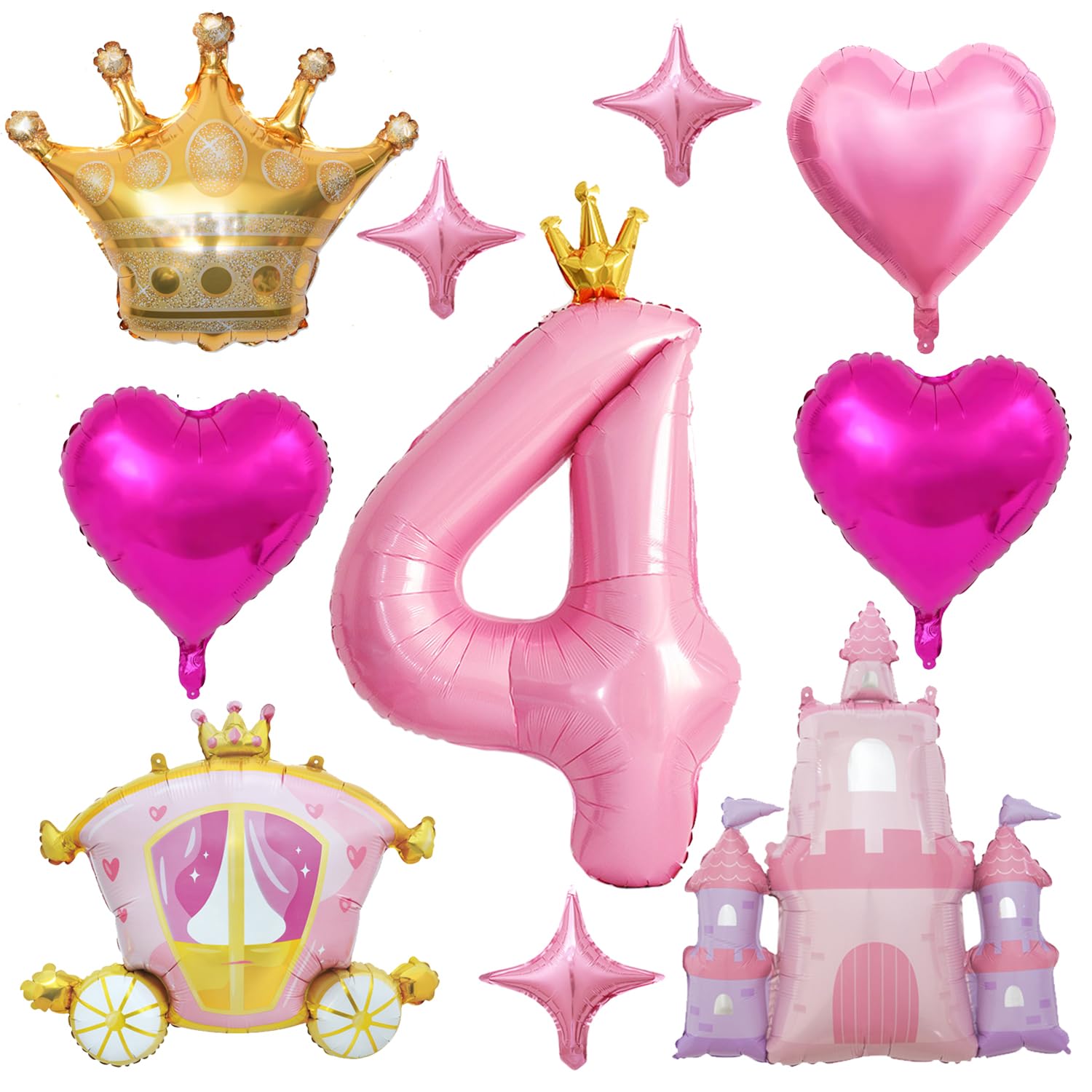 Princess Balloons for Girls' Birthday Party Decorations Pink Gold Crown Castle Balloon,Heart Star Foil Balloon Carriage Balloon 40in Large Number Foil Balloon (4th)
