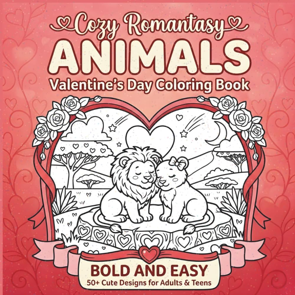 Cozy Romantasy Animals: Bold and Easy Valentine’s Day Coloring Book: Simple and Relaxing Kawaii Designs for Adults and Teens Featuring Adorable Raccoons, Bunnies, Bears, and Romantic Woodland Couples