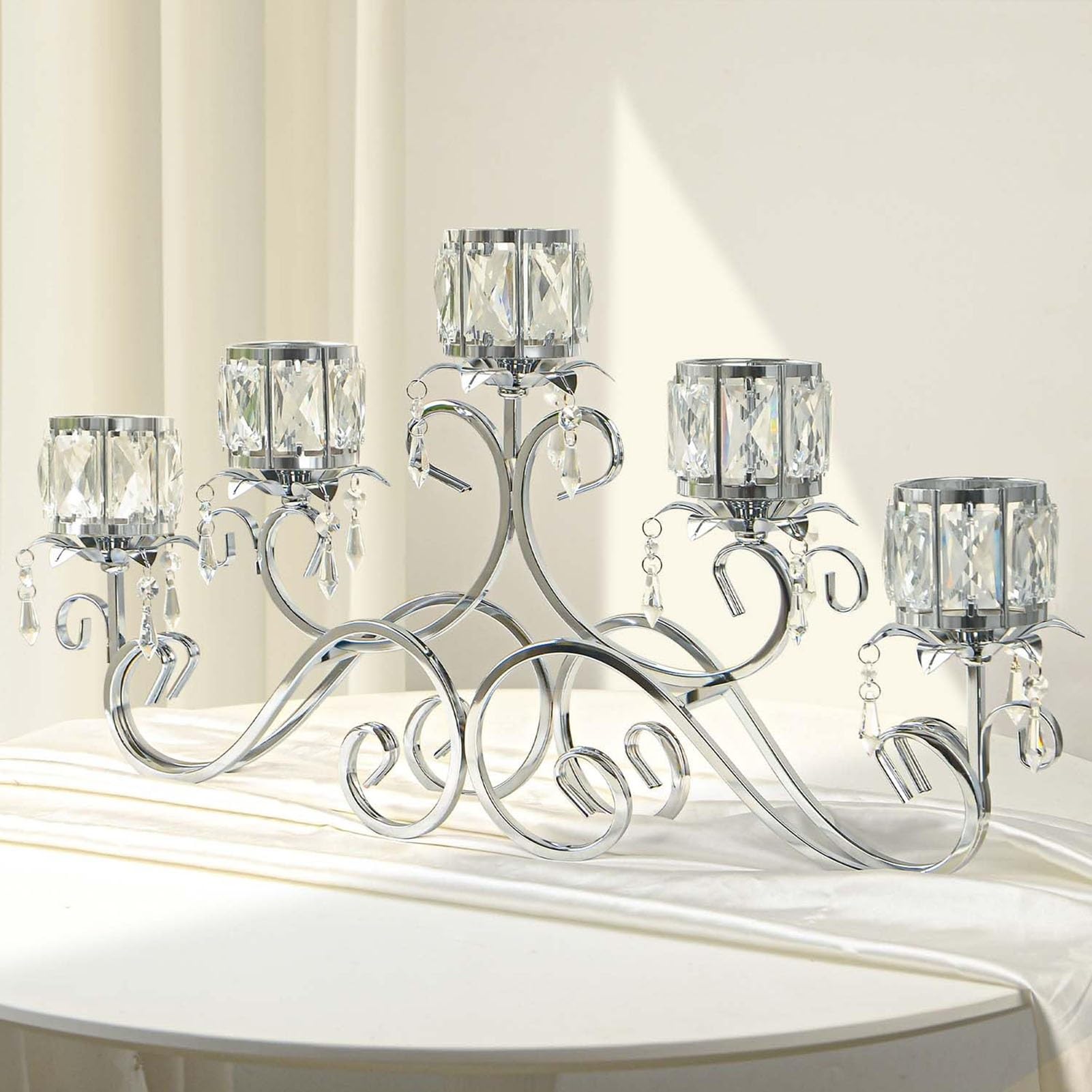 5 Arm Candle Holder - Crystal Bowl Candlestick, Metal Glass Candleholder, Aromatherapy Tealight Candle Holder, For Table Centerpiece Wedding Thanksgiving Christmas Decor(B)