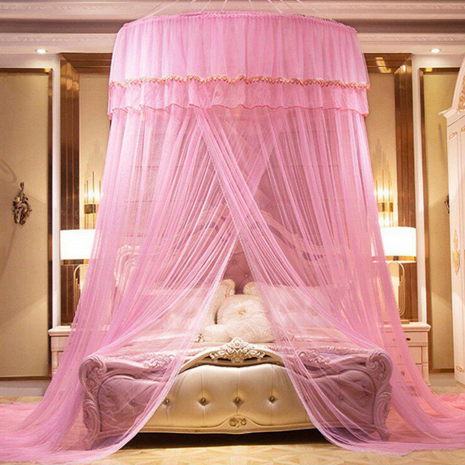 SARKEY Prinzessinnen Betthimmel,Luxuriöser Moskitonetz Betthimmels Für Mädchen Und Erwachsene,Eleganter Bettvorhang,Baldachin,Runde Kuppelspitze,Hochzeit,Schlafzimmer,Dekoration(Pink)