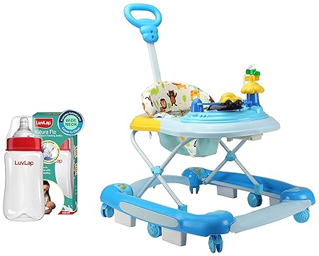 LuvLap Comfy Baby Walker & Rocker with Parental Push Handle Cushioned Walker for Baby 6-18months (Blue) & Anti-Colic Wide Neck Natura Flo Baby Feeding Bottle, 250ml,