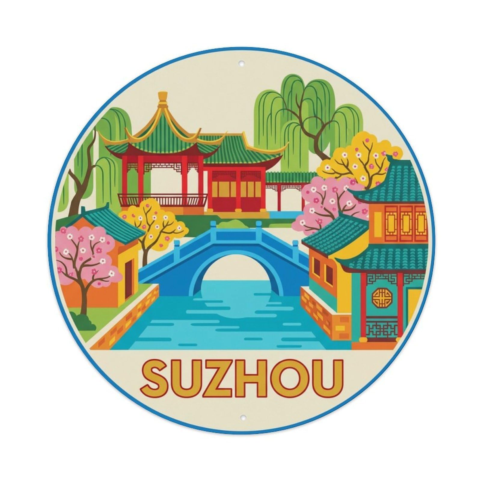 China Retro Travel Suzhou Vintage Metal Tin Sign Plaque Wall Decor for Cafe, Club Bar, Office, Garden Metal Poster 8x8Inch