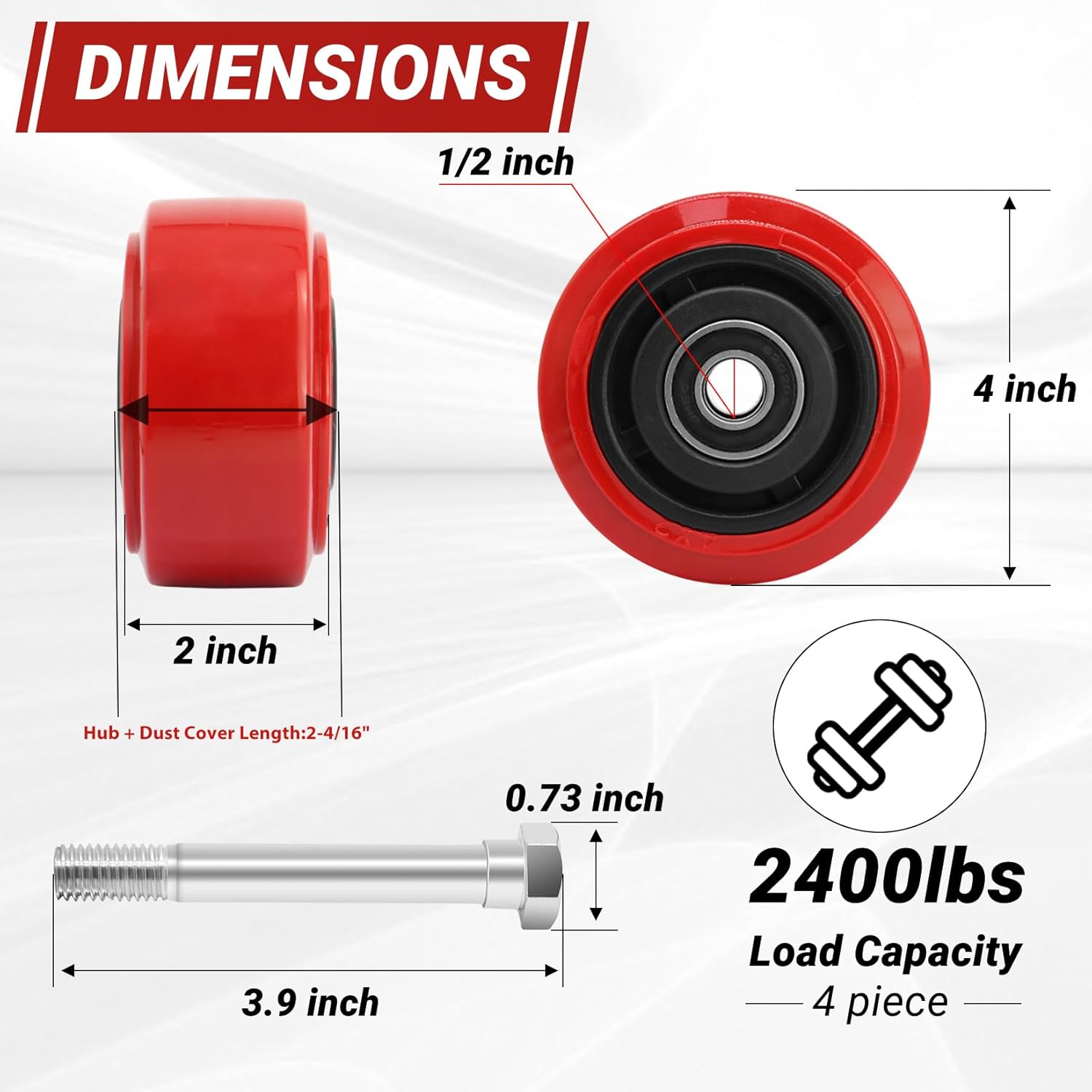 Nefish 4" X 2" Caster Wheels Set of 4, Polyurethane on Polyolefin Core Wheel with Double Ball Bearing and Dust Cover 1/2" Bore Heavy Duty Replacement Wheels 2400 lbs Capacity(4 Pack)