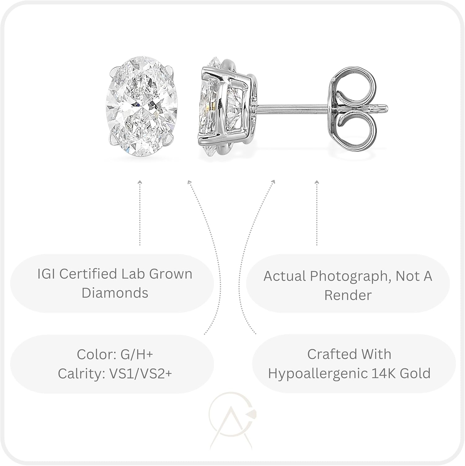 2/3 to 2 Carat Lab Grown Diamond Oval Stud Earrings for Women in 14k White or Yellow Gold (G-H Color, VS1-VS2 Clarity, cttw) 4-Prong Setting Push Back Studs by Carbon Atelier