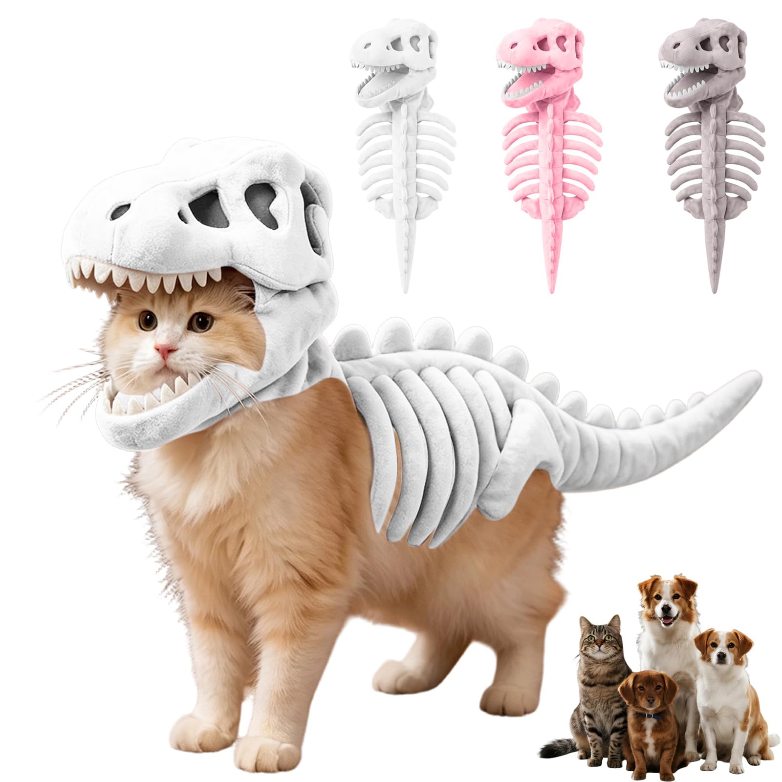 Dog Cat Pet Dinosaur Skeleton Costume, Soft Plush T Rex Halloween Outfit, 3D Dinosaur Bone Hood Outfits Clothes for Medium Large Pet Cosplay Party Family (White, S)