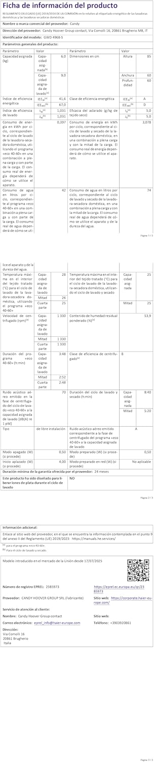 Product information sheet for Candy GWD 4968-S Washer Dryer