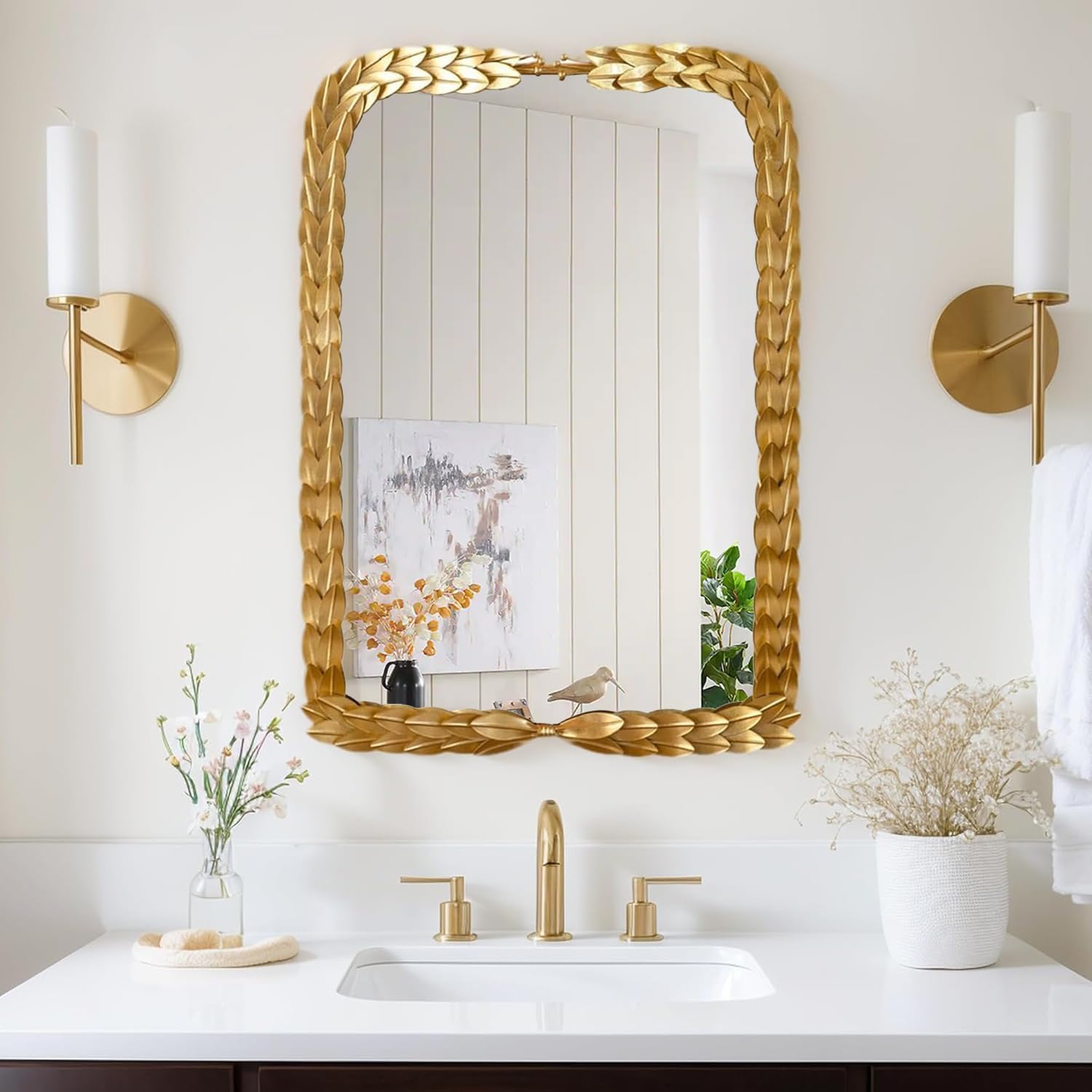 Maxax Gold Wall Mirror, 32"x23.5", Symmetrical Gold Leafs, Modern Decorative Mirror for Bedroom, Antique Bathroom Vanity Mirror, Stylish Home Décor for Living Room Entryway, Wall-Mounted or Tabletop