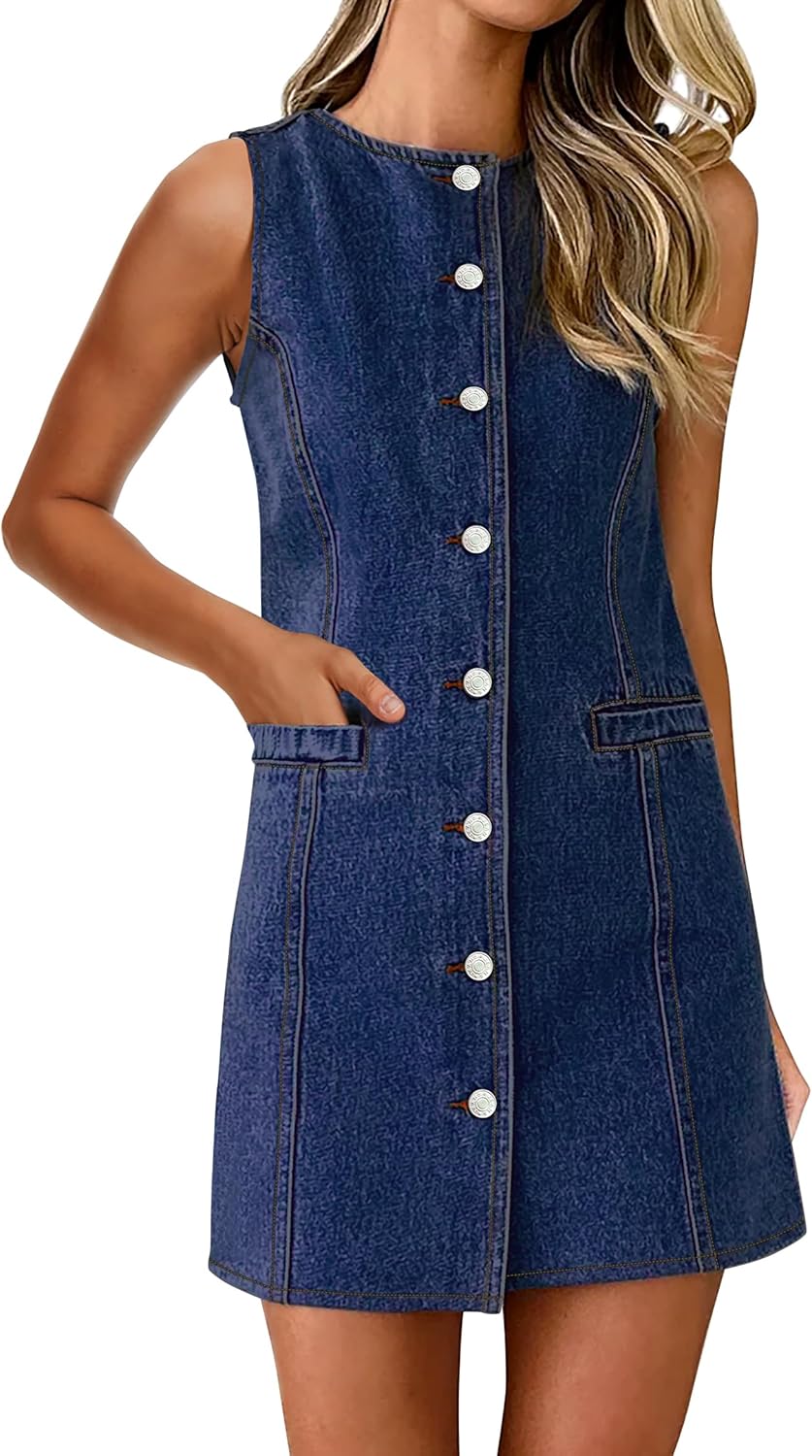 Women's Denim Dress Jean Sleeveless Button Down Shirt Mini Tank Casual Summer Dresses with Pocket 2026 Trendy Outfits - Image 4