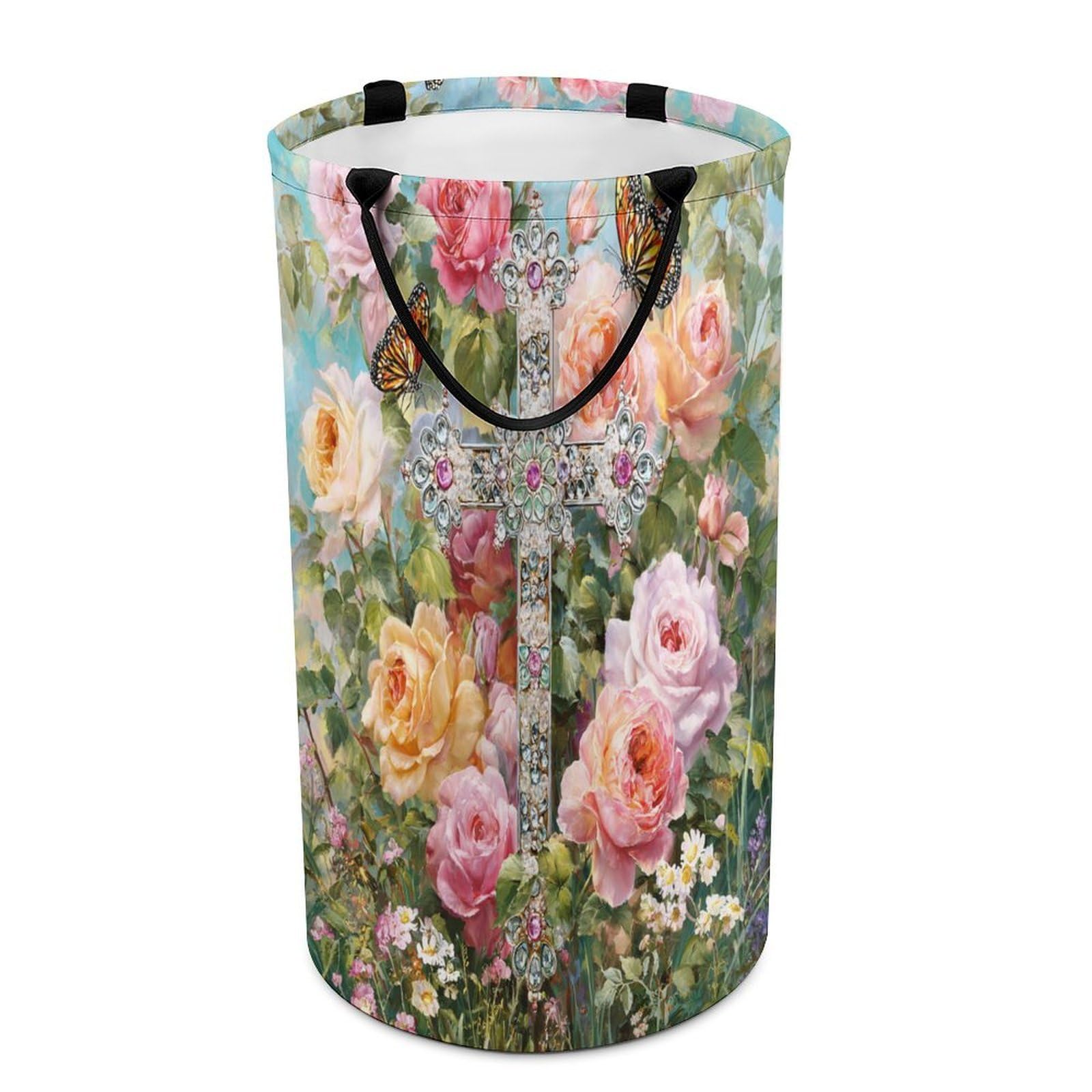 LUYYSKY Beautiful Fantasy Elegant Cross Collapsible Dirty Clothes Basket, Rustic Watercolor Spring Garden Plants Roses Animals Butterflies Portable Clothes Storage Basket