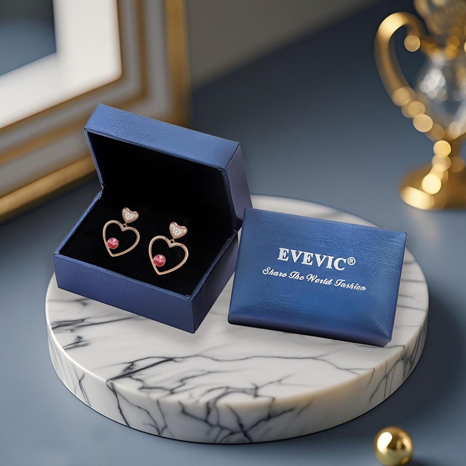 EVEVIC Austrian Crystal Double Gold Heart Dangle Earrings for Women 14K Gold Plated Hypoallergenic drop Earring Jewelry Gift - Image 7