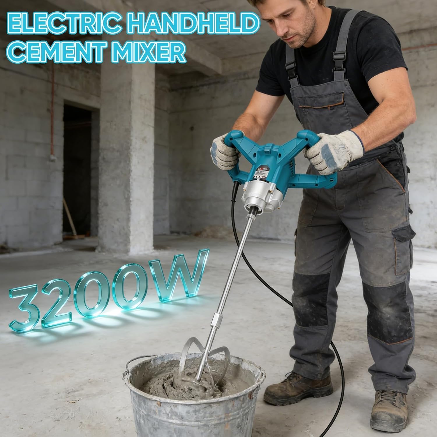 TYH Mezcladora De Cemento Eléctrica De 3200 W para Hormigón, Hormigón, Yeso, Mortero Y Pintura, con Paletas Mezcladoras, Motor Sin Escobillas, 6 Velocidades, Interruptor De Bloqueo Y Velocidad
