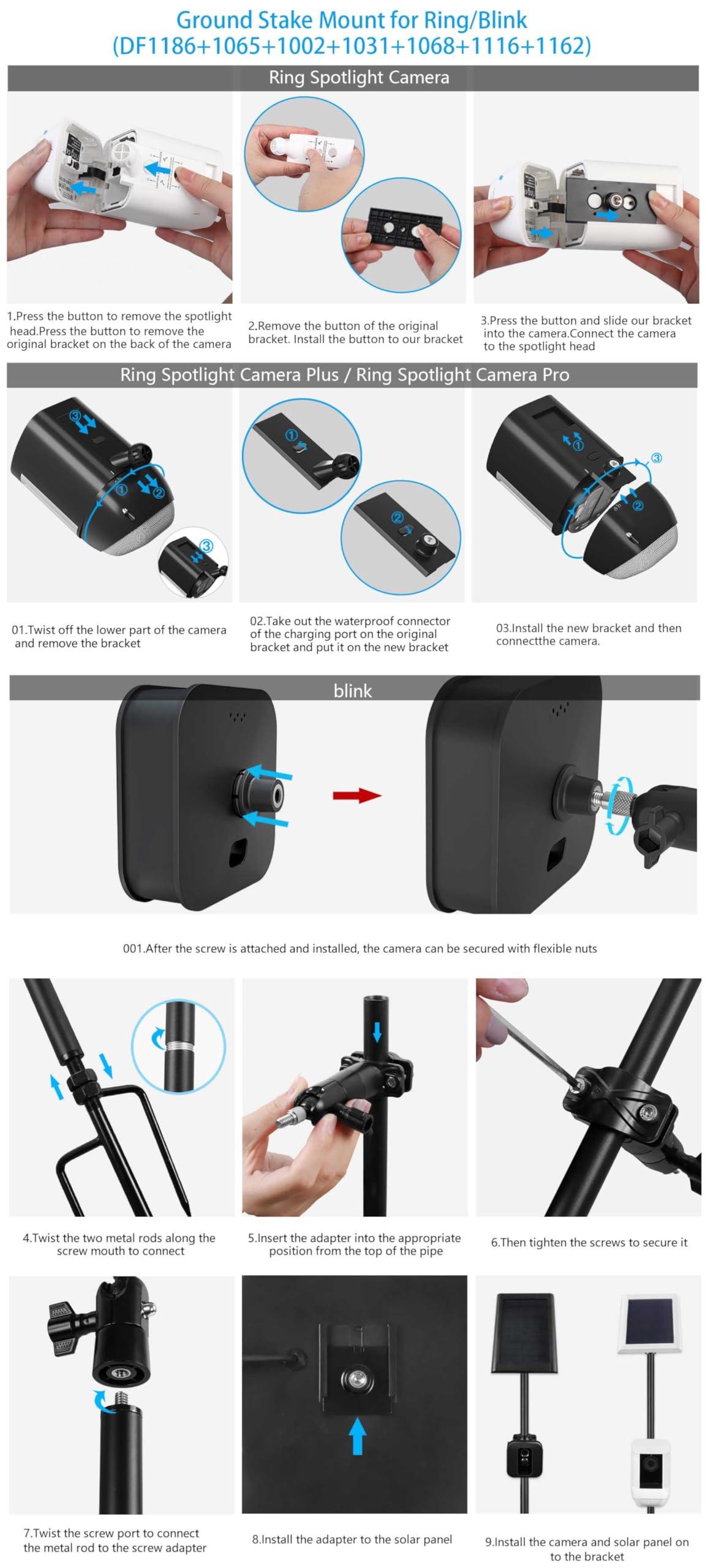Support de montage universel pour caméras de sécurité extérieures et panneaux solaires, compatible avec les caméras Ring, Blink, Eufy, Google Nest, Arlo, Wyze, SimpliSafe, vis 1/4 (noir)