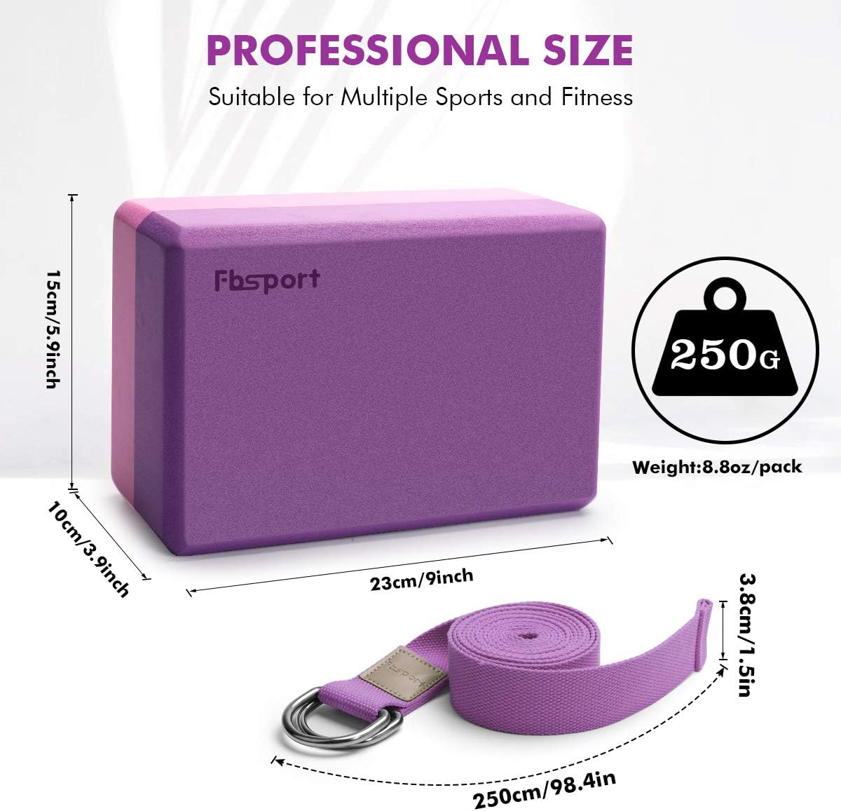 FBSPORT Yoga Block 2 Pack with Yoga Strap, High Density EVA Foam Block, Non-Slip Surface for Yoga, General Fitness, Pilates, Stretching-9" x 6" x 4"