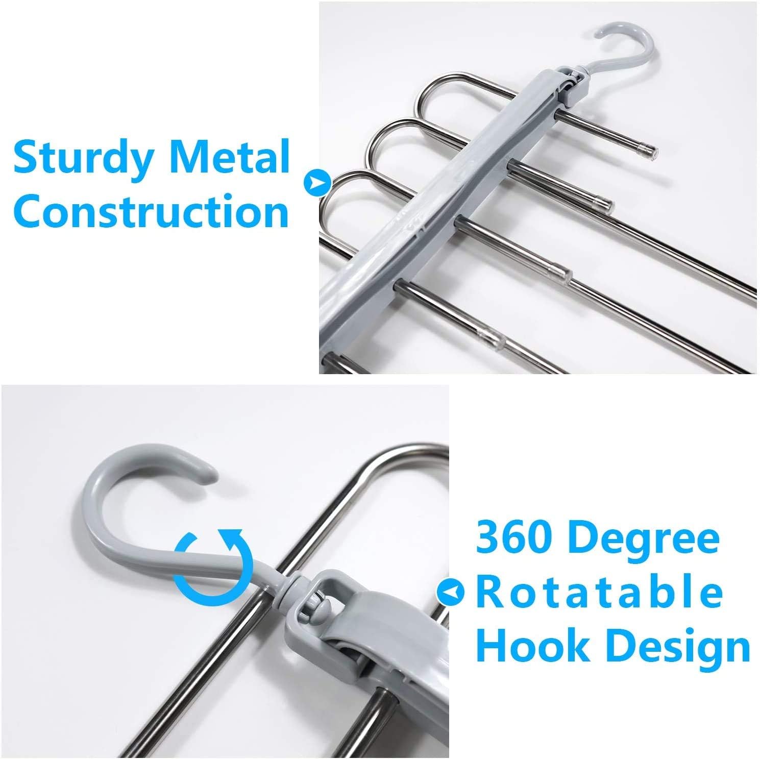 Niclogi Pants Hangers 6 Layers Space Saving Trouser Hangers, 4 Pack Multifunctional Pant Rack Stainless Steel Folding Closet Storage Organizer for Pants Slacks Jeans Trousers Towel(Grey)