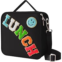Insulated Lunch & Bag with Adjustable Shoulder Strap, Nylon Preppy Reusable Lunch Tote for Girls School Travel Picnic Black