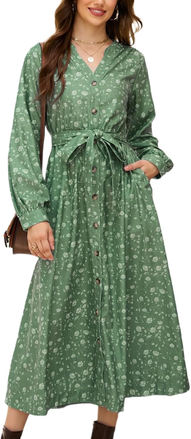 Ladyful Floral Print Corduroy Midi Dress for Women Long Sleeve Button Up Fall Winter Flowy Dress with Belt