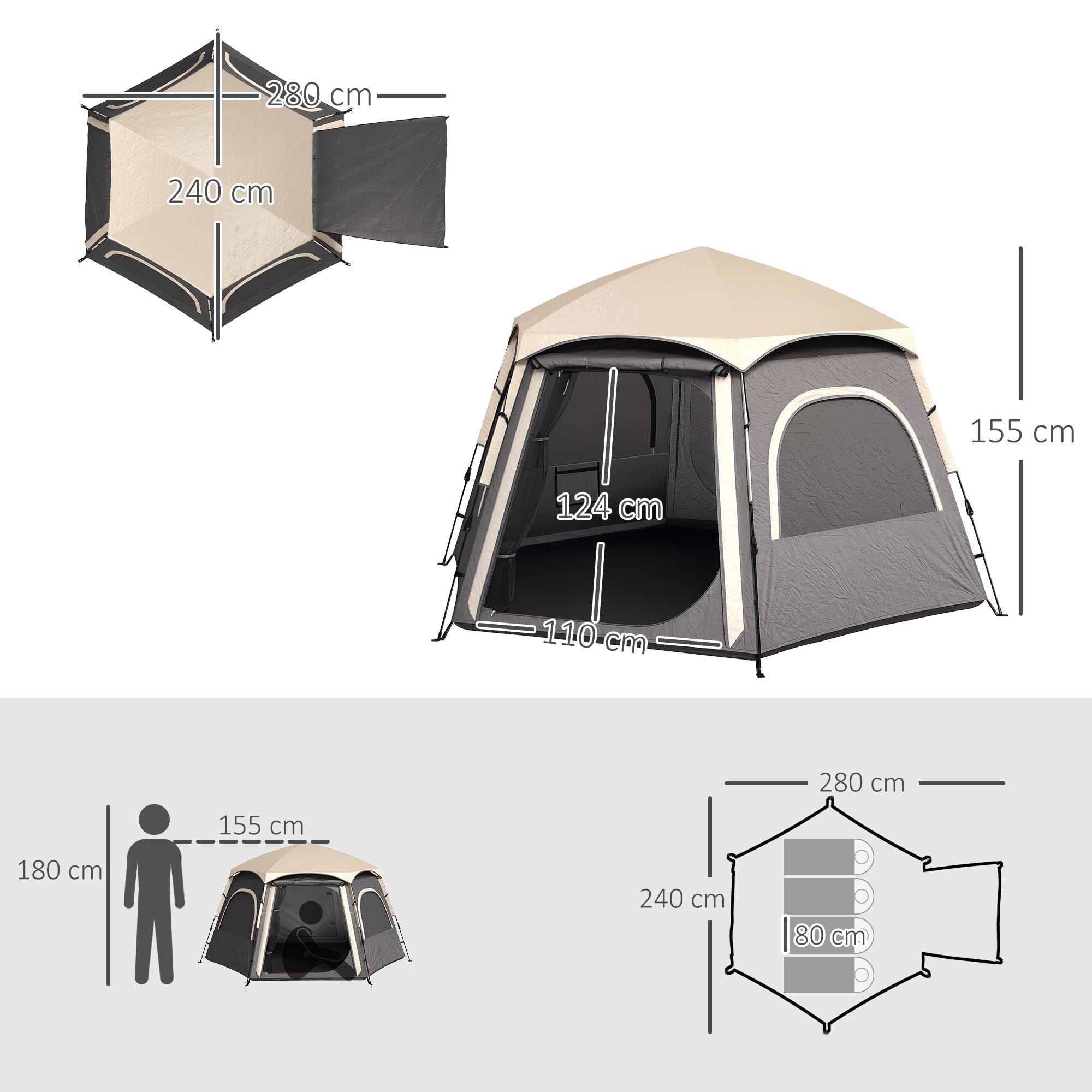 Outsunny Tienda de campaña instantánea para 2/3/4 personas, fácil instalación, tienda familiar con vestíbulo, lluvia, 4 ventanas de malla y 2 puertas, diseño hexagonal, tienda de campaña impermeable