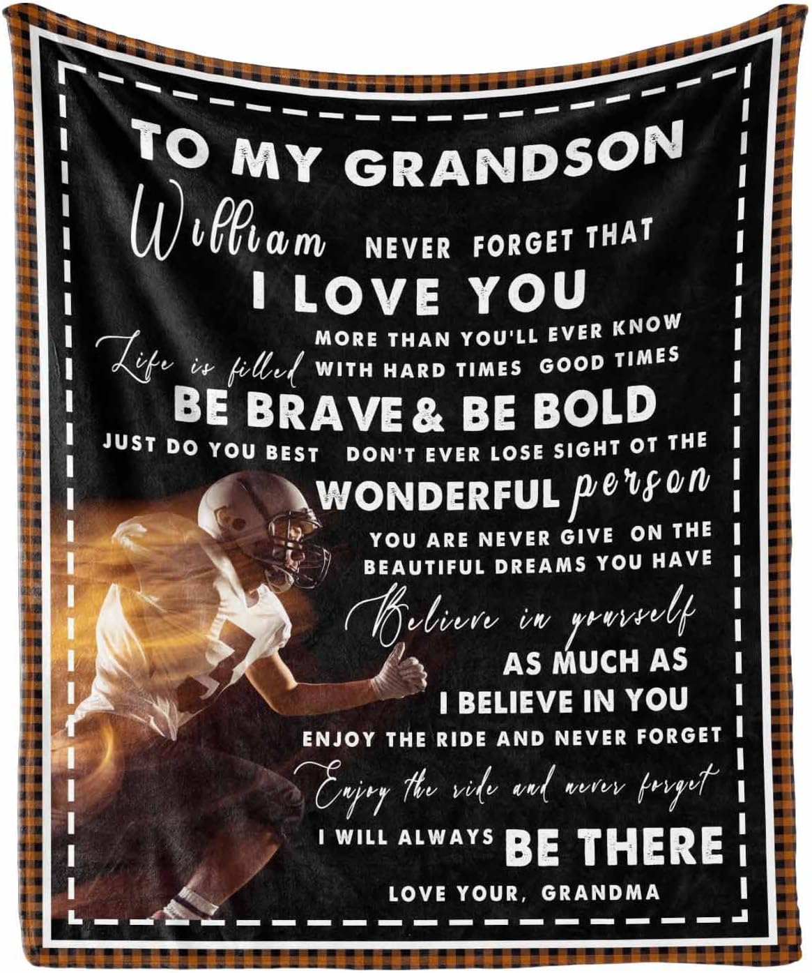 MyPupSocks to My Grandson/Son Sports Boys Football Throw Blanket Personalized Football Sports Name Blanket with Love Message Gift from Family - Super Cozy Throw Blanket 40"x50"