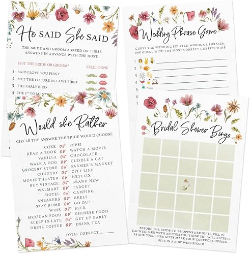 Printed Party Bridal Shower Game Set, Double-Sided Wildflower Theme, 4 Games and Activities (30 Guests)