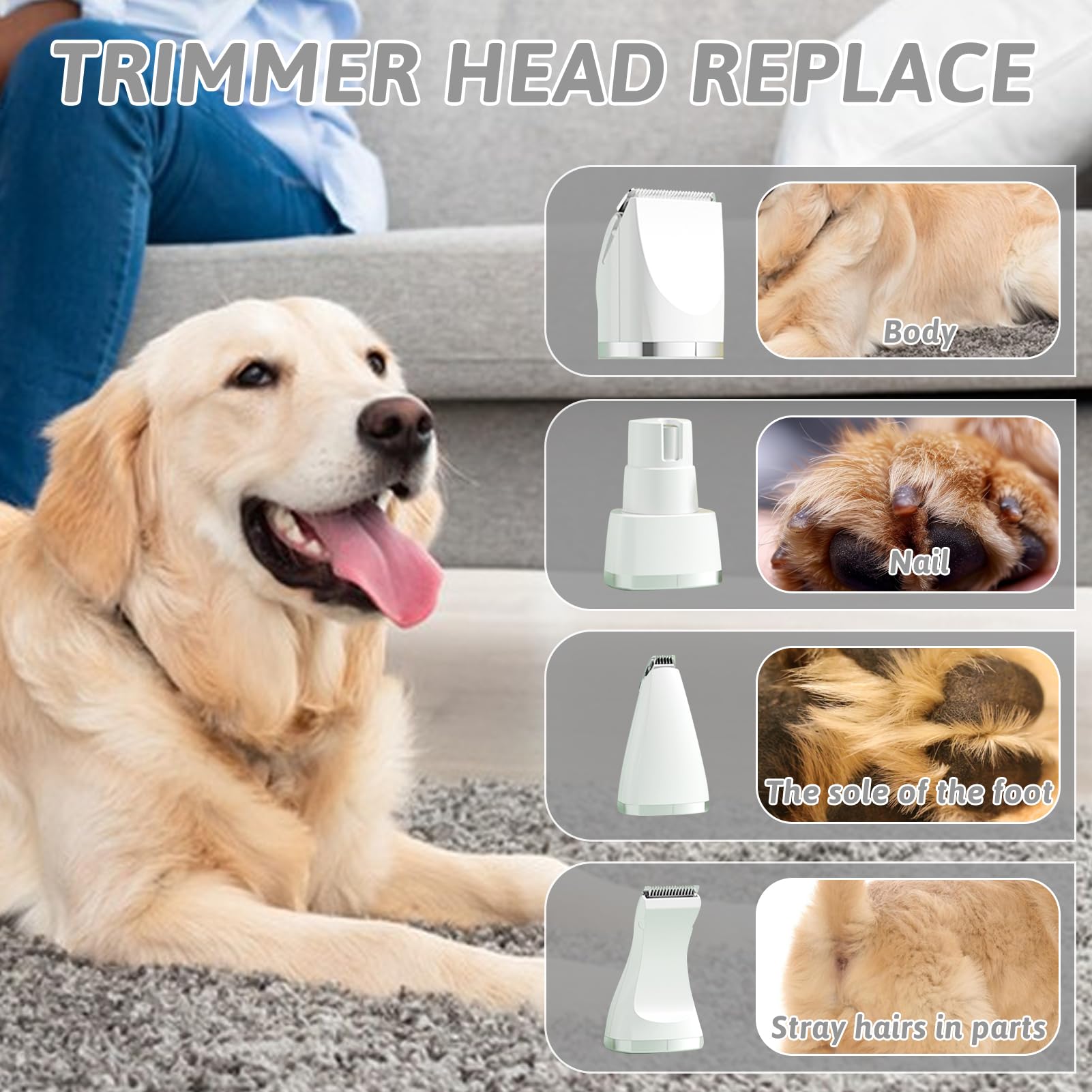 4 in 1 Leise Schermaschine Hunde Katzen, 4 Schneidköpfen für Haarschneidemaschine Pfotentrimmer Krallenschleifer Spliss Trimmer, Wasserdicht Hundeschermaschine für Pfoten Augen Gesicht Körper (Weiß)