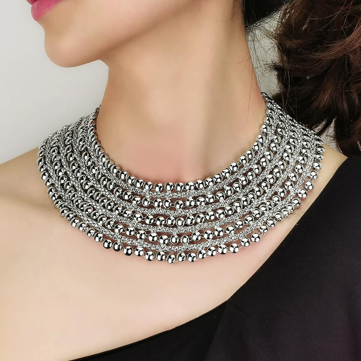 Women Statement Necklace Metal Beaded Chunky Necklace Collar Fashion Party Jewelry - Image 2