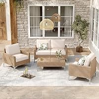 JOYURE 4-Piece Beige Wicker Patio Conversation Set with Glass Table, Modular Loveseat & Chairs, All-Weather Cushions for Deck Garden Backyard