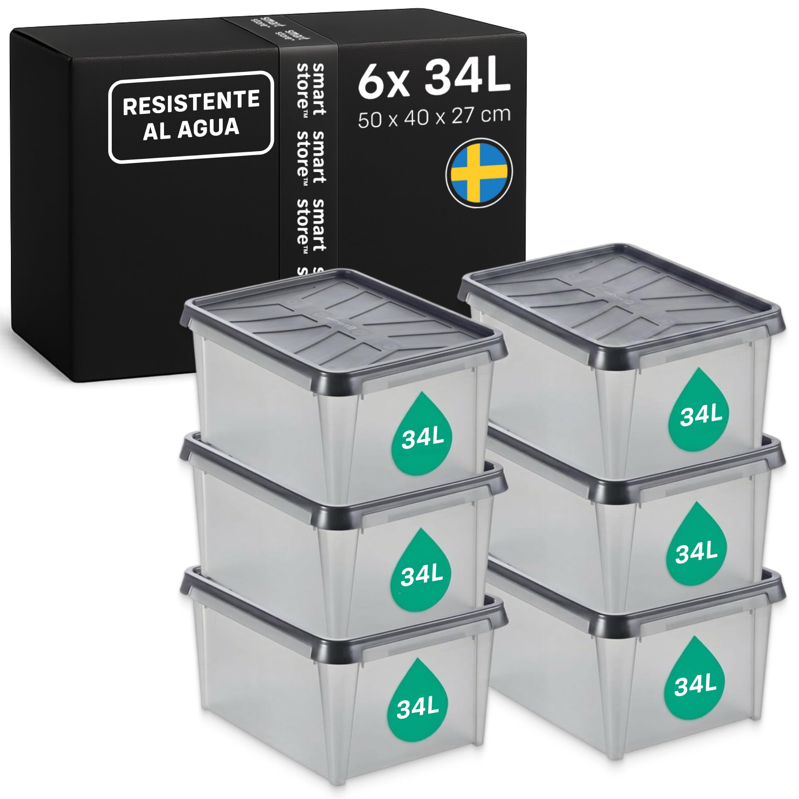 SmartStore Caja Almacenaje con Tapa 34 L I Pack 6 Cajas Apilables I 50 x 40 x 27 cm I Impermeable, Antipolvo I Garaje, Trastero, Sótano I Apta Alimentos I Made in Sweden 10 Años