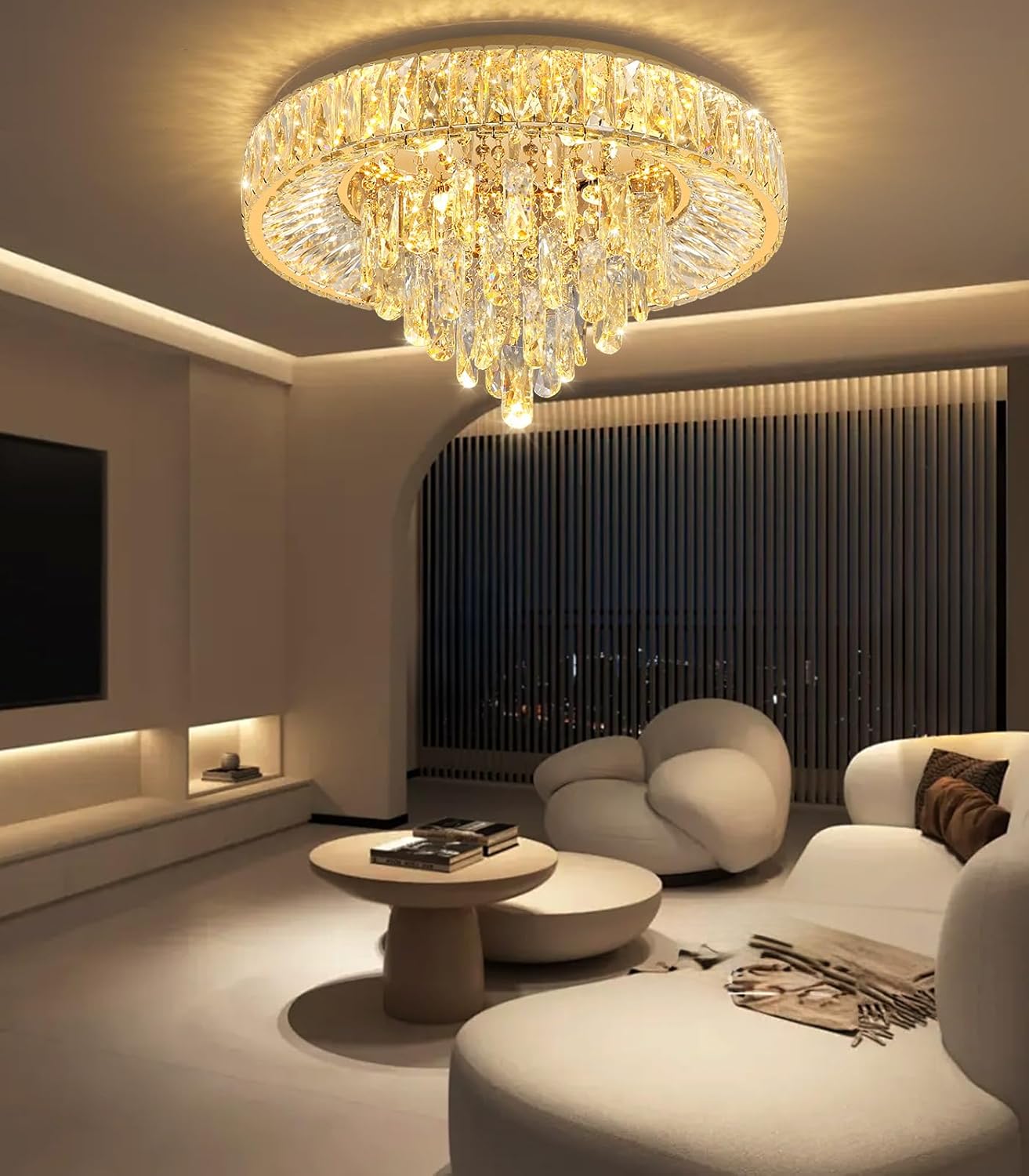 Modern Crystal Chandeliers for Dining Room LED Light Fixture Close to Ceiling Chandelier Flush Mount Ceiling Light Dimmable Lamp with Remote for Living Room Bedroom Hallway Gold 19.7'' Width NOT TESTED  INCOMPLETE  DAMAGED 