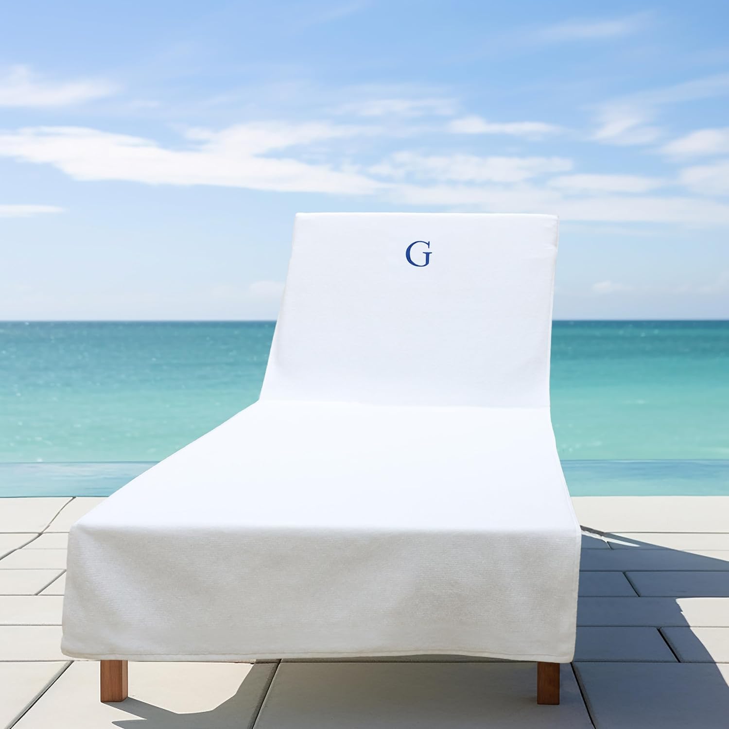 COTTON CRAFT Monogrammed Pool Lounge Chair Cover - Hotel Spa Chaise Embroidered Beach Chair Towel - Soft Absorbent 100% Ringspun Cotton Terry - Oversized 32 inch W x 82 inch L x 7 inch Pocket- White G