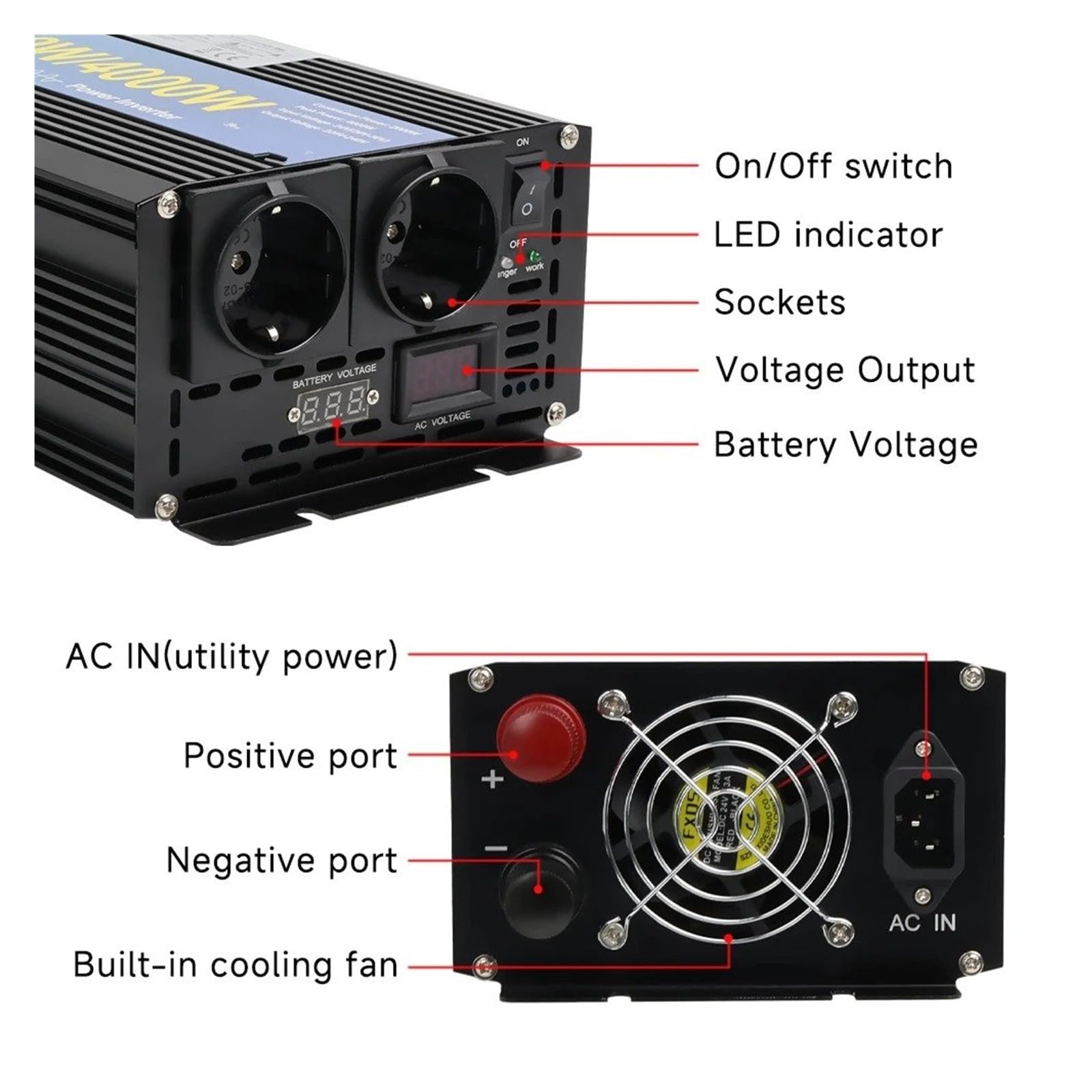 Convertidor inversor Corriente Cargador Inversor UPS 2000w/4000W DC 12V 24V AC 110V 220V 230V Convertidor Potencia Fuera Red Onda Sinusoidal para Pura