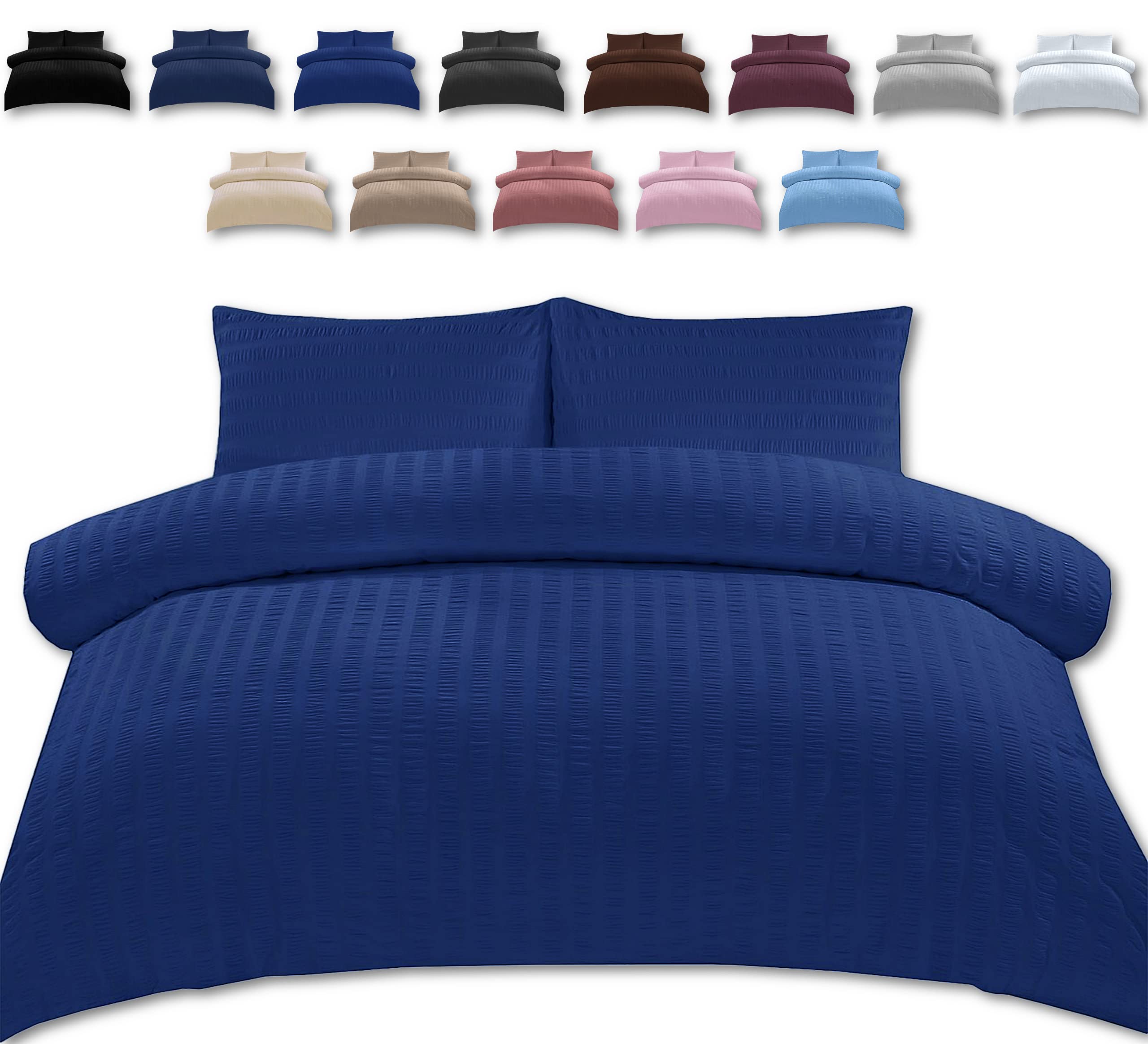 TheWhiteWater Single Bed Duvet Set - 2 in 1 Seersucker Bedding Set - Single Duvet Cover + Matching Pillowcase - Natural Cotton + Virgin Polyester (Blue, Single - Duvet Cover ONLY)