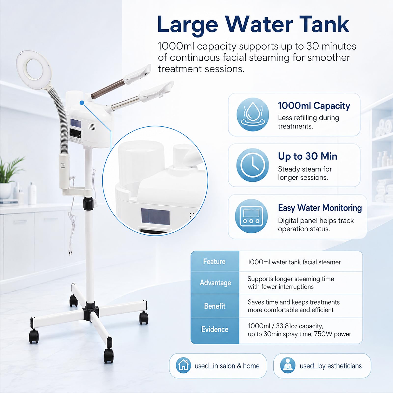 3 In 1 Gesichtsdampfer 750W Bedampfer Kosmetik mit Heißer/Kalter Düse Höhenverstellbar Gesichtssauna mit LED Lupenlampen und Intelligenter Touchscreen Porenreiniger Dampf Spa Maschine