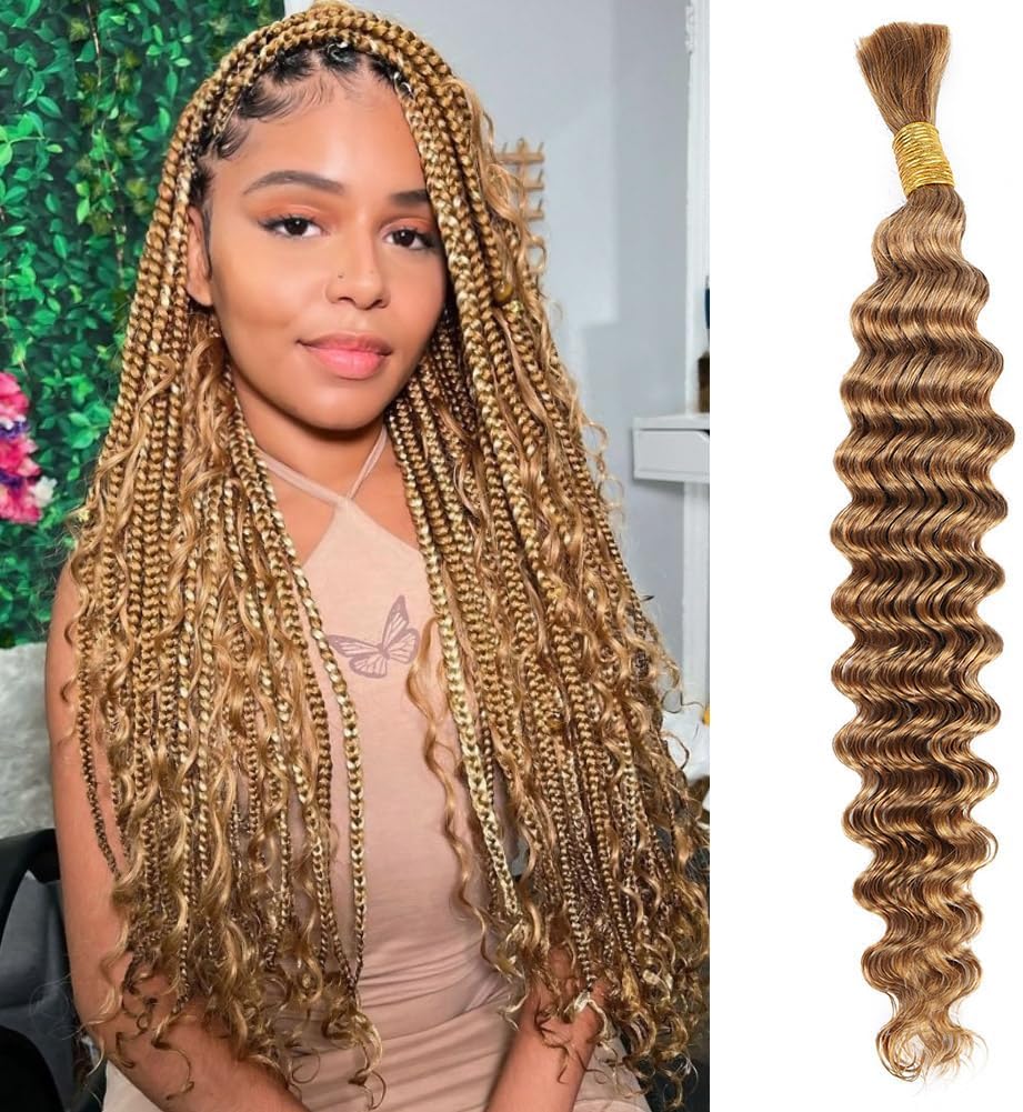 Deep Wave Bulk Human Braiding Hair 50g 16 Inch Honey Blonde Human Braiding Hair for Boho Braids 1 Bundle/Pack No Weft Color 27# 100% Brazilian Human Braiding Hair Extensions for Micro Braiding