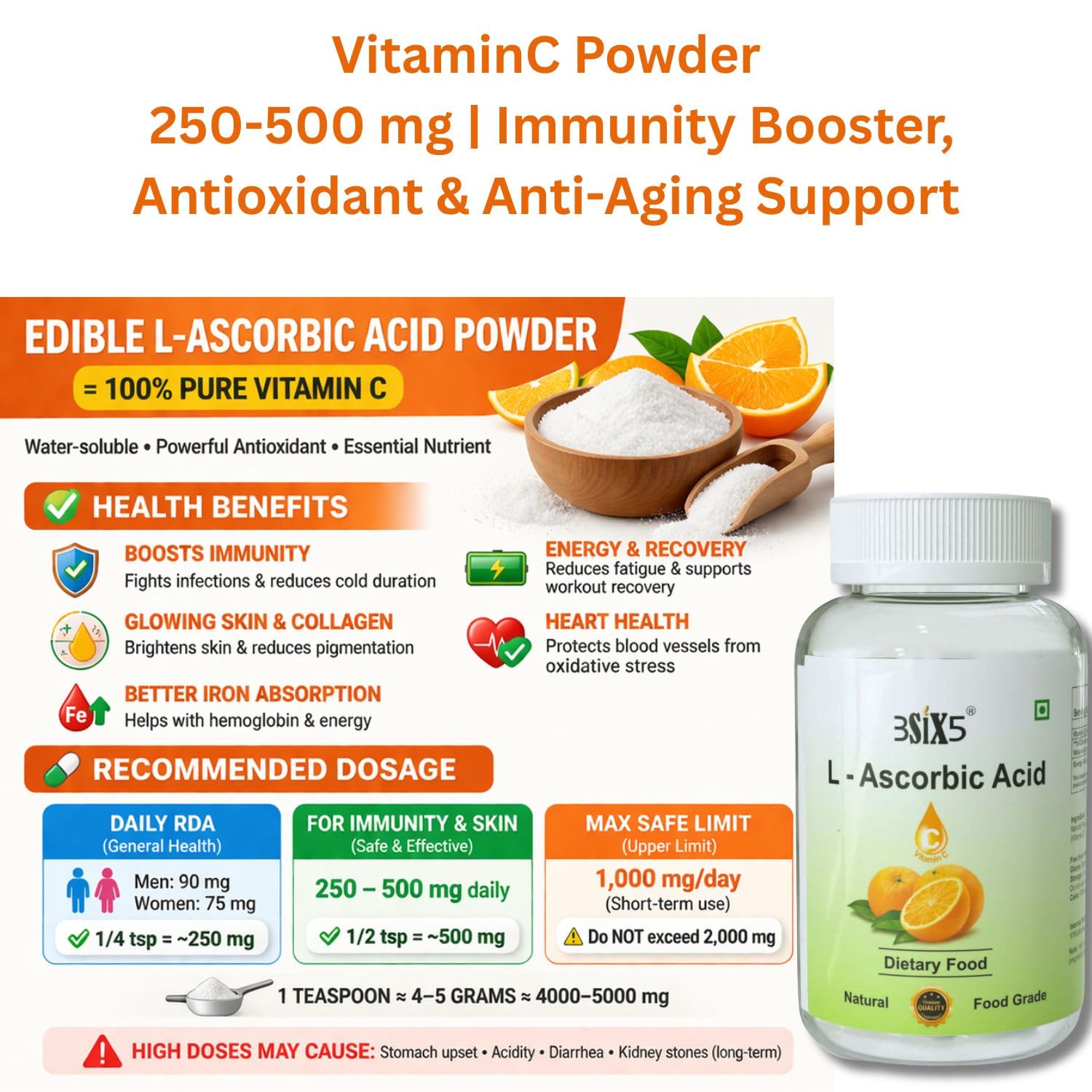 3SIX5 Vitamin C Powder (L-Ascorbic Acid) 100% Edible Food Grade | Immunity Booster, Skin Glow & Collagen Support | Antioxidant Supplement | No Additives (200gm) — Amazon image 3