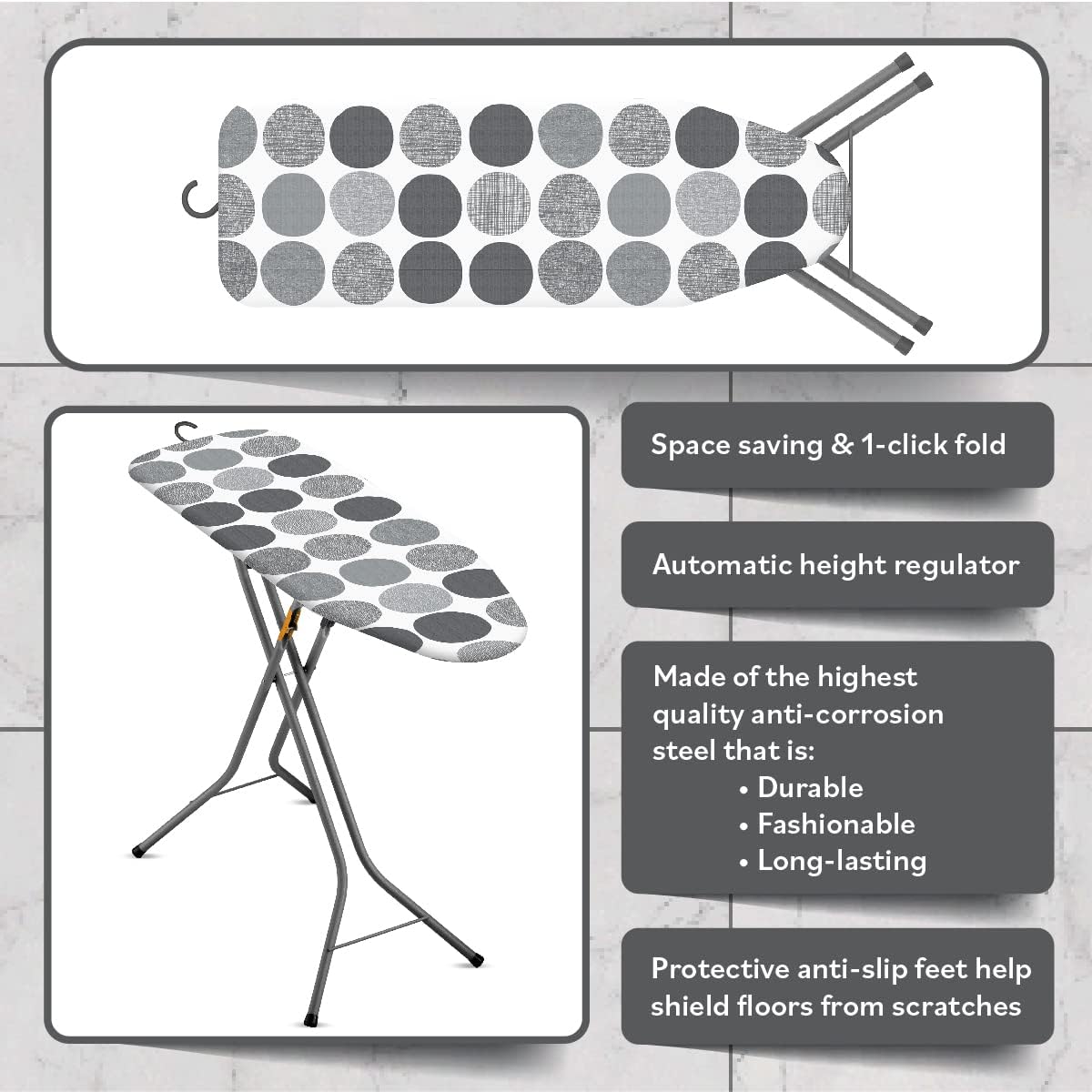 Bartnelli Pulse Ironing Board | Made in Europe | Patent Space Saving Smart Hanger Iron Board for Easy Storage | Lightweight, 4 Layer Cover, 4 Legs, for Dorm, Laundry Room, or Small Spaces(43x13-35)