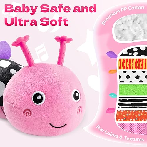 Miniatura 2 de HEMRLY Juguete sensorial para bebés de 0 a 6 meses, peluche musical de oruga con mordedor rosa