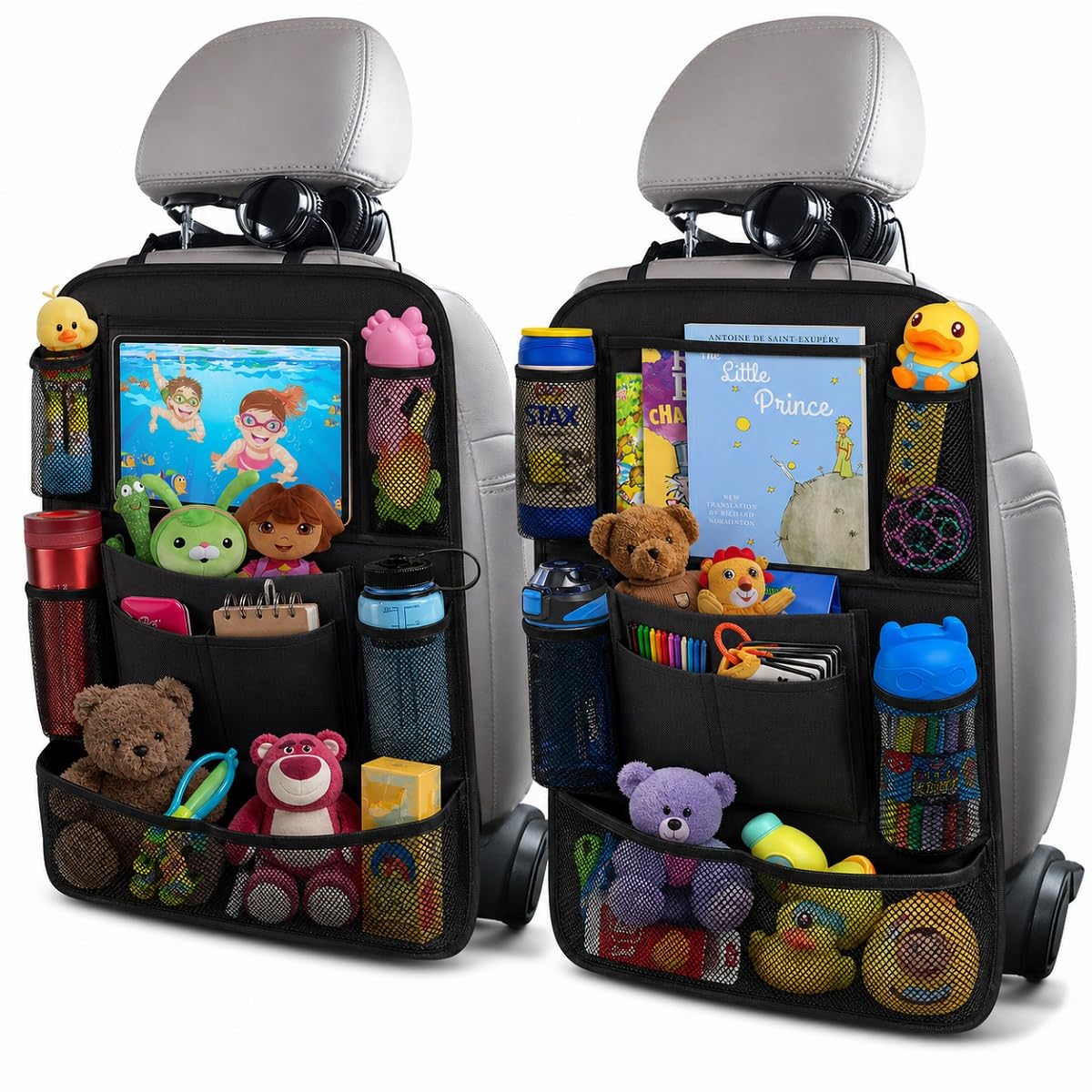 ULEEKA Car Backseat Organizer with 10" Table Holder, 9 Storage Pockets Seat Back Protectors Kick Mats for Kids Toddlers, Travel Accessories, 2 Pack (Black) | Car Organizers and Storage Kick Mats Back Seat Protector w/ Touch Screen Tablet Holder for Kids Toddlers, Travel Accessories