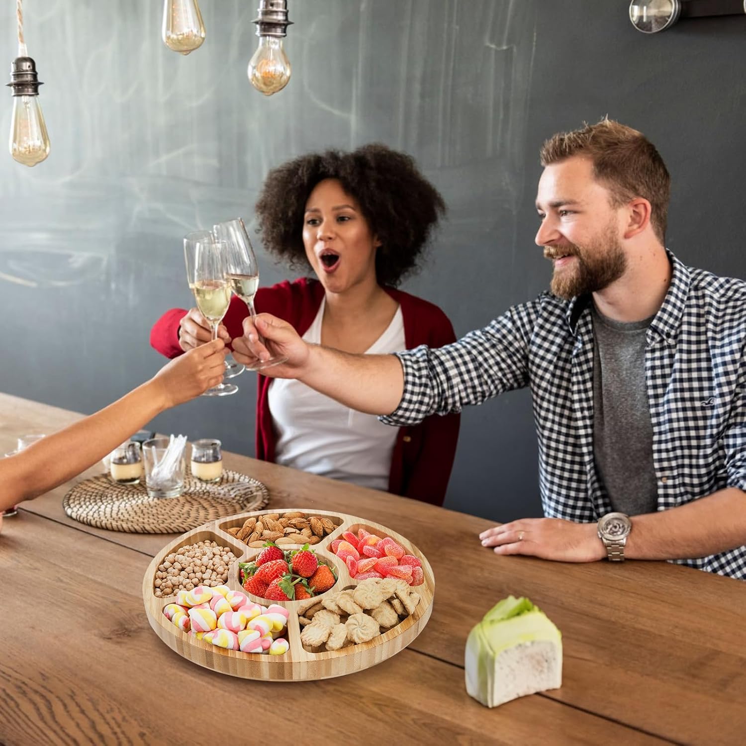 Dicunoy Divided Serving Dish Tray, 13'' Bamboo Rotatable Veggie Fruit Platter, Lazy Susan Relish Sectional Snack Container Bowls with 6 Compartments for Candy, Appetizer, Nuts, Parties - Image 9