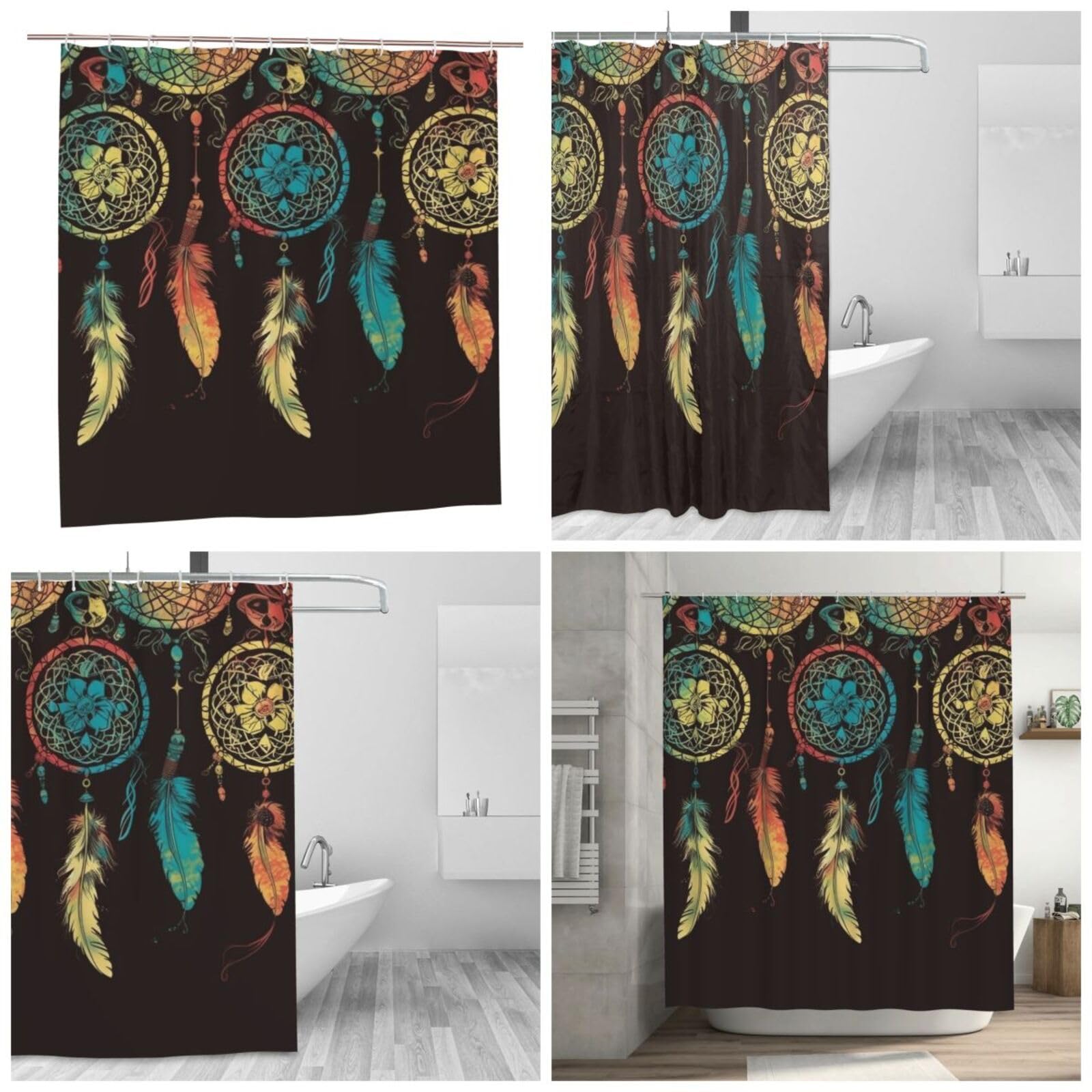 Rideau de douche imperméable avec motif attrape-rêves et crochets de bain