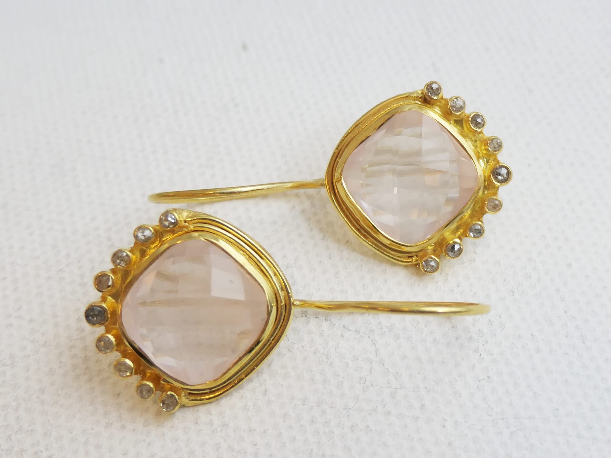 Orecchini in argento sterling placcato oro con diamanti e quarzo rosa- Gemma Naturale - Regalo di Compleanno - Regalo di Natale - Idee Regalo Fatto a Mano per le Donne