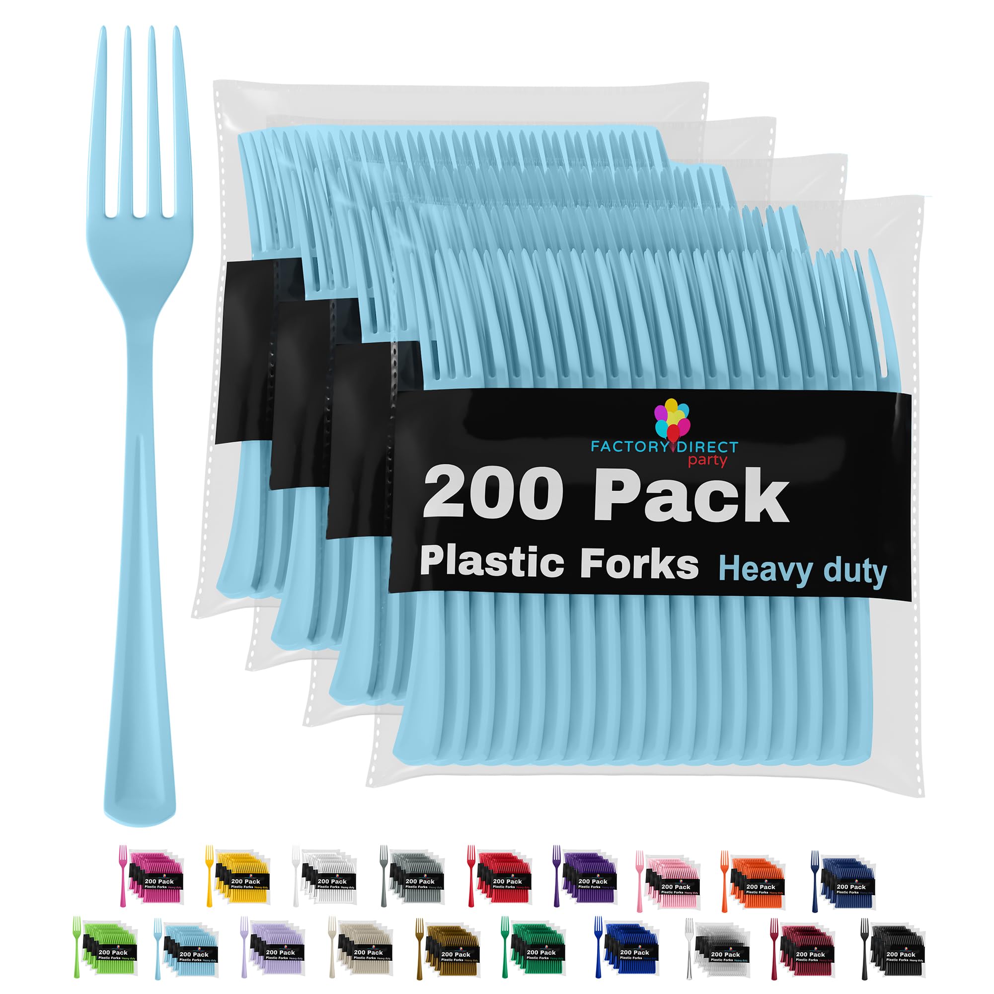 Party Solids Light Blue Plastic Forks 200 Pcs Light Blue Forks Disposable Utensils Heavy Duty Plastic Cutlery Set Disposable Cutlery Sets Flatware