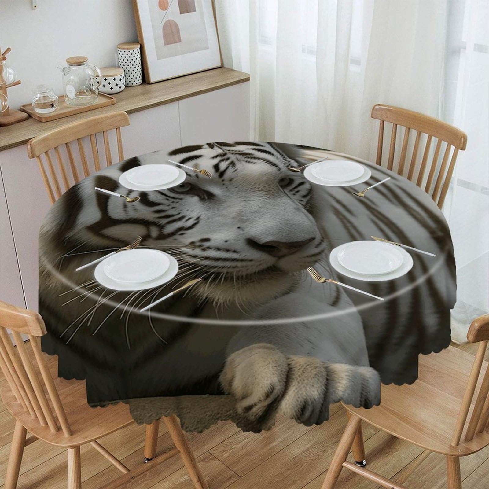 VstaDank White Bengal Tiger Round Tablecloth Premium Polyester Table Cloth Heavy Duty Washable Fabric Tablecloth Waterproof Holiday Table Cover Decorative Tablecloths for Dining 60"