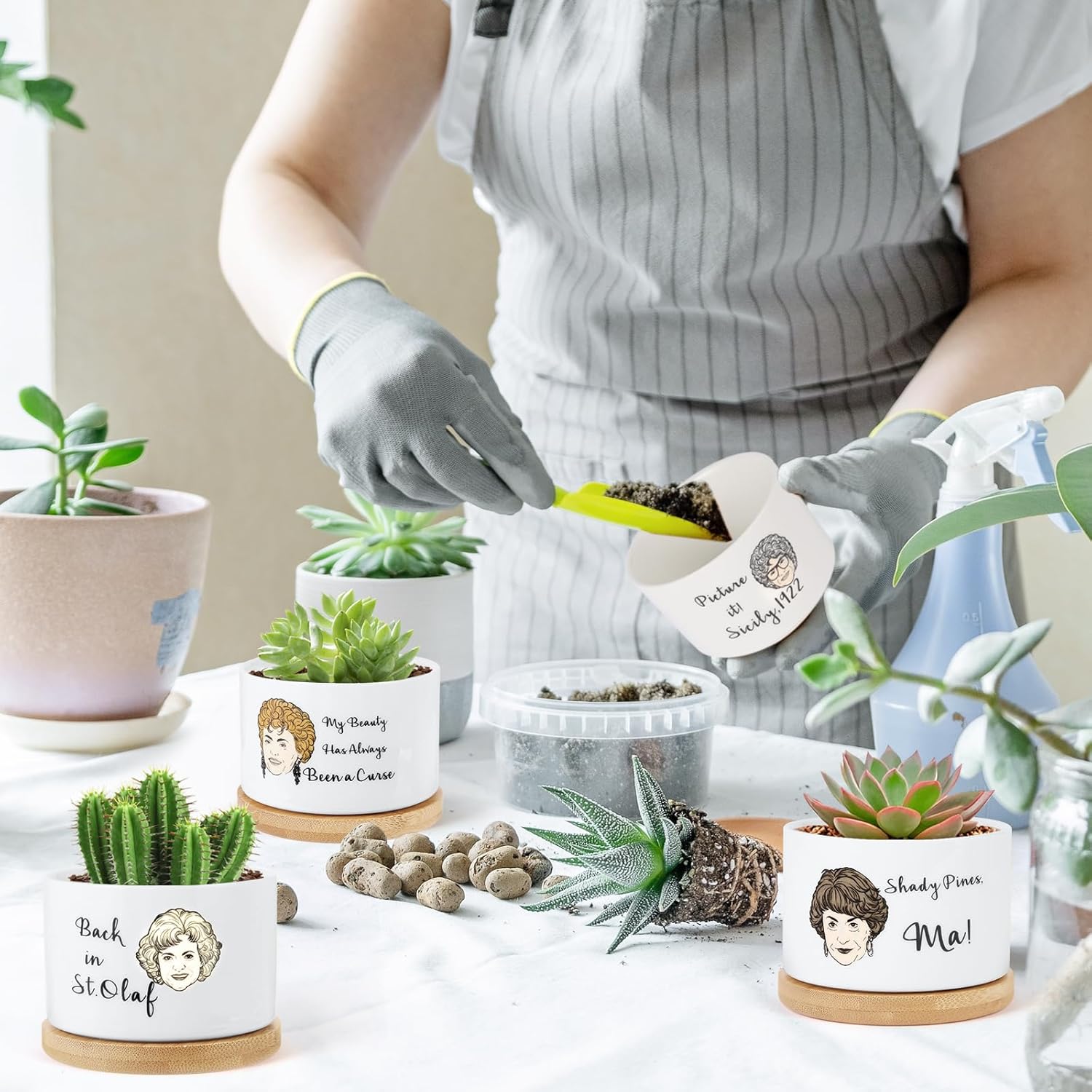 4 Pcs Golden Girls Merchandise Ceramic Plant Pots,Funny Golden Girls Gifts for Women,for House Plants Garden Planters Succulent Pots, with Drainage Holes and Saucer (White)