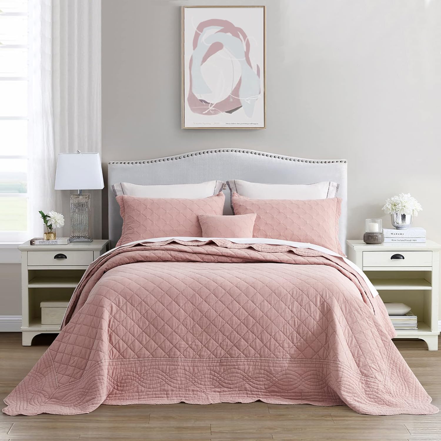 HZ &amp; HY Oversized King Bedspreads, Washed Cotton, Misty Rose