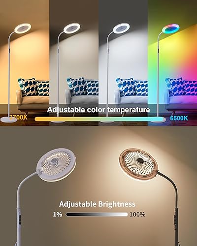 Miniatura 2 de Ventilador de suelo con luces RGB y control remoto, lámparas de pie de 3 velocidades con botón, ventilador LED vertical blanco, atenuación continua