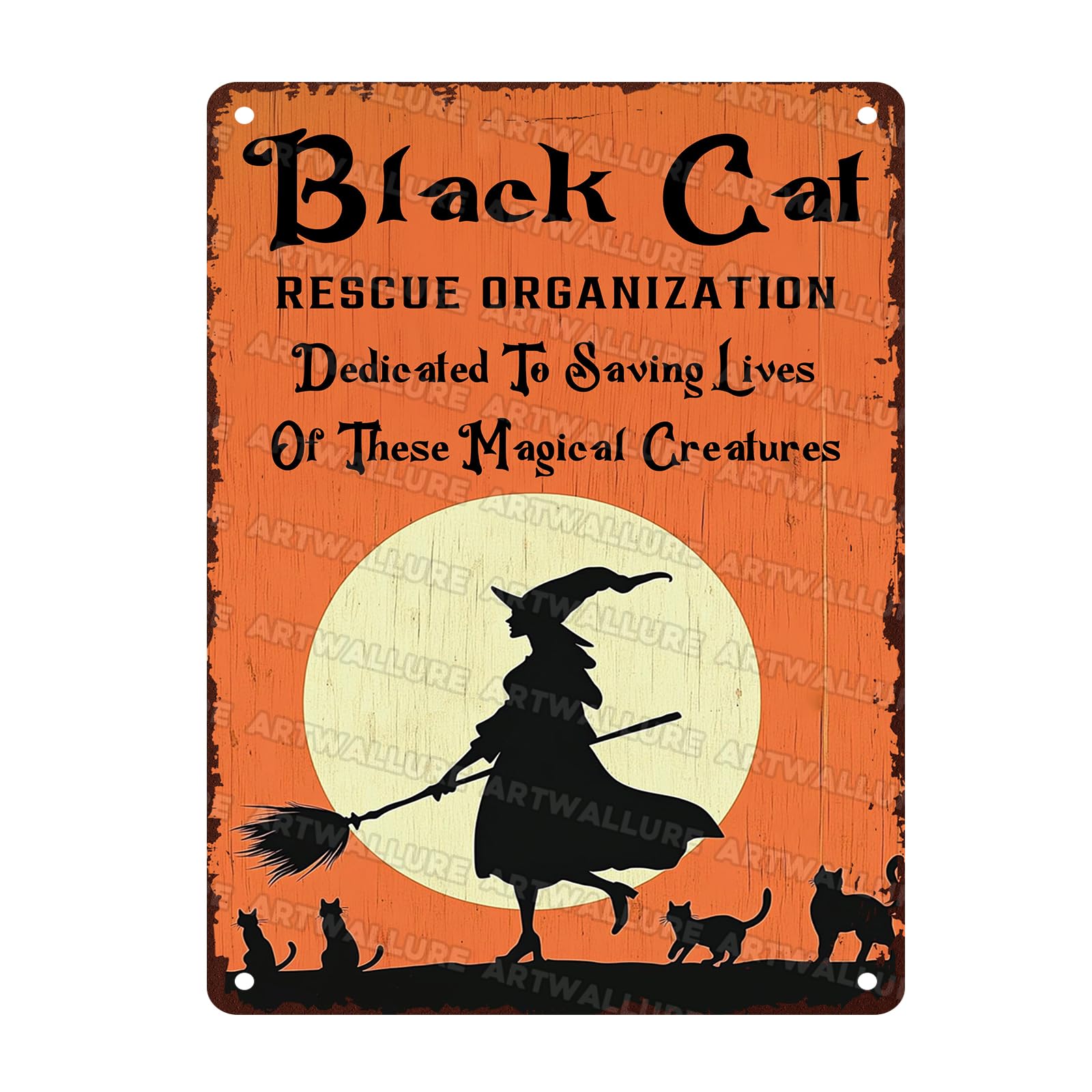 Black Cats Rescue Halloween Decor Vintage Metal Tin Sign Rustic Wall Art Gothic Home Decor Tin Plaque Retro Metal Poster for Bar Cafe 12x16inch
