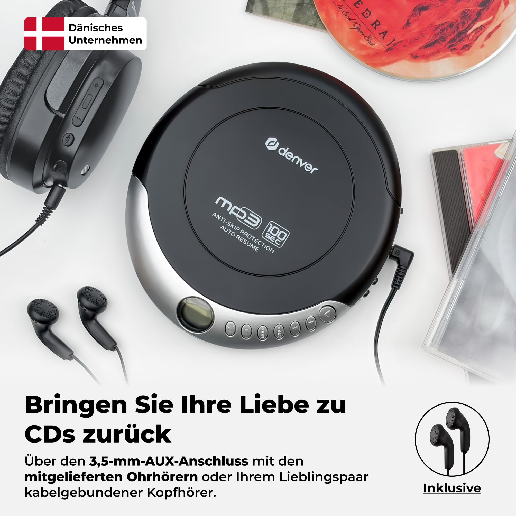 Denver Tragbarer CD-Player DMP-391 - Walkman - Anti-Schock-Funktion Mit Bassverstärkungssystem - mit Kopfhörer