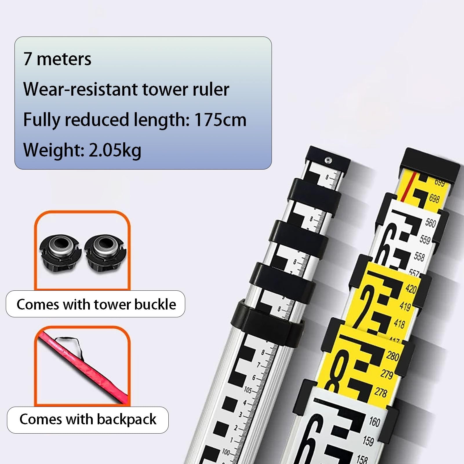 Vara de medición telescópica de Aluminio (10 m, Escala de 1 mm) para topografía y construcción.